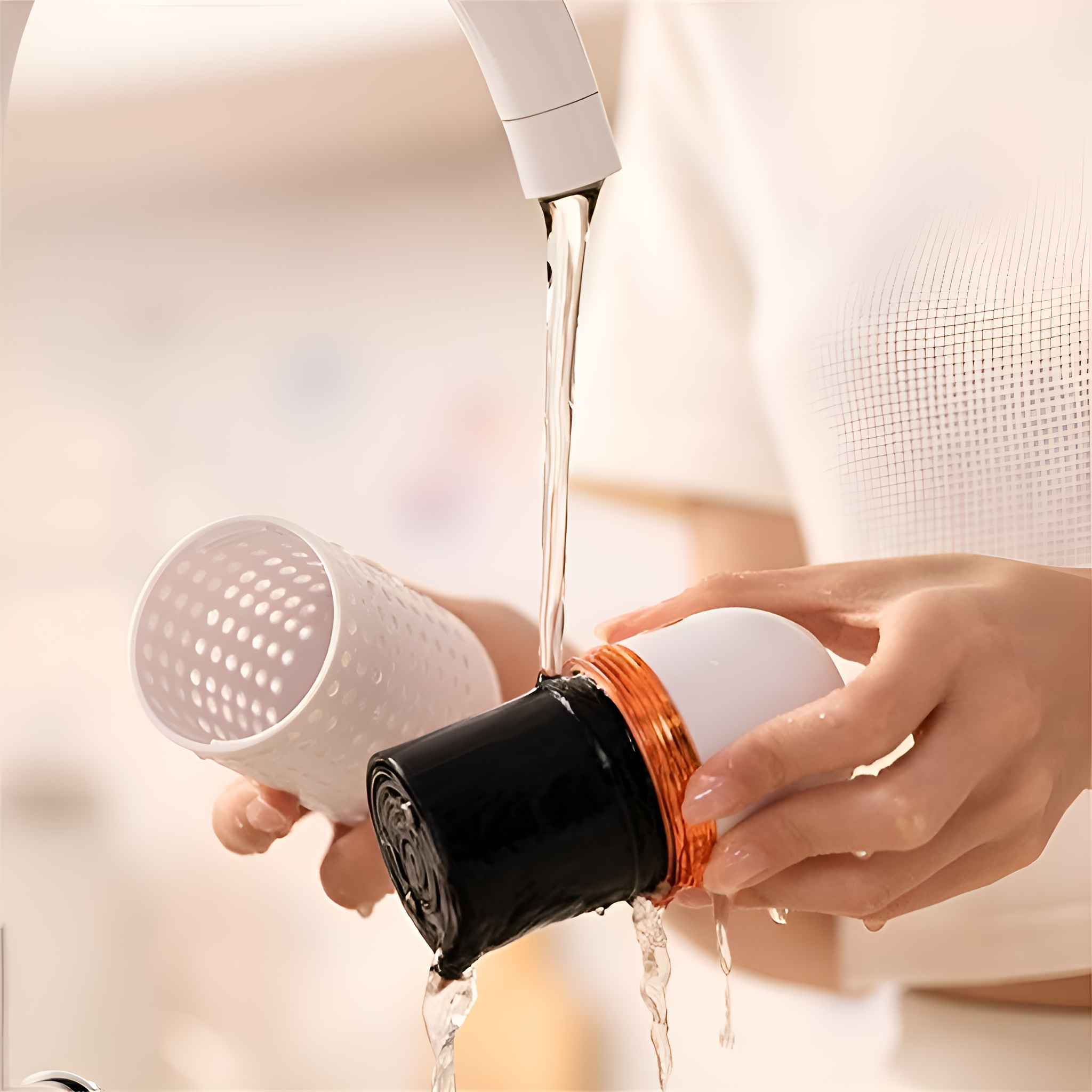 Hände, die einen Haartrocknerfilter mit Wasser waschen. Der Filter besteht aus zwei Teilen, einem weißen Becher und einem schwarzen Filter.