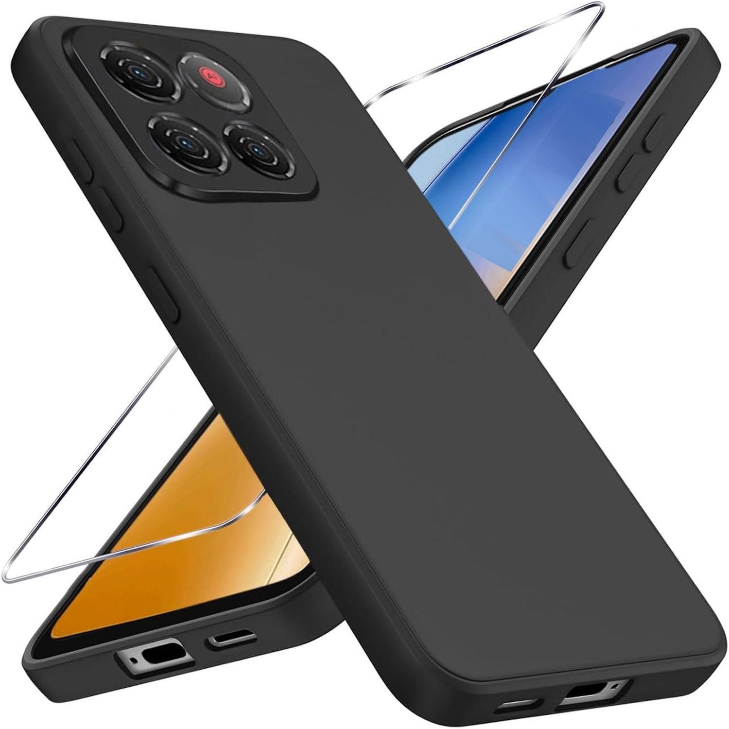Funda de teléfono negra con lentes de cámara y protector de pantalla. La pantalla muestra un gradiente azul y naranja.