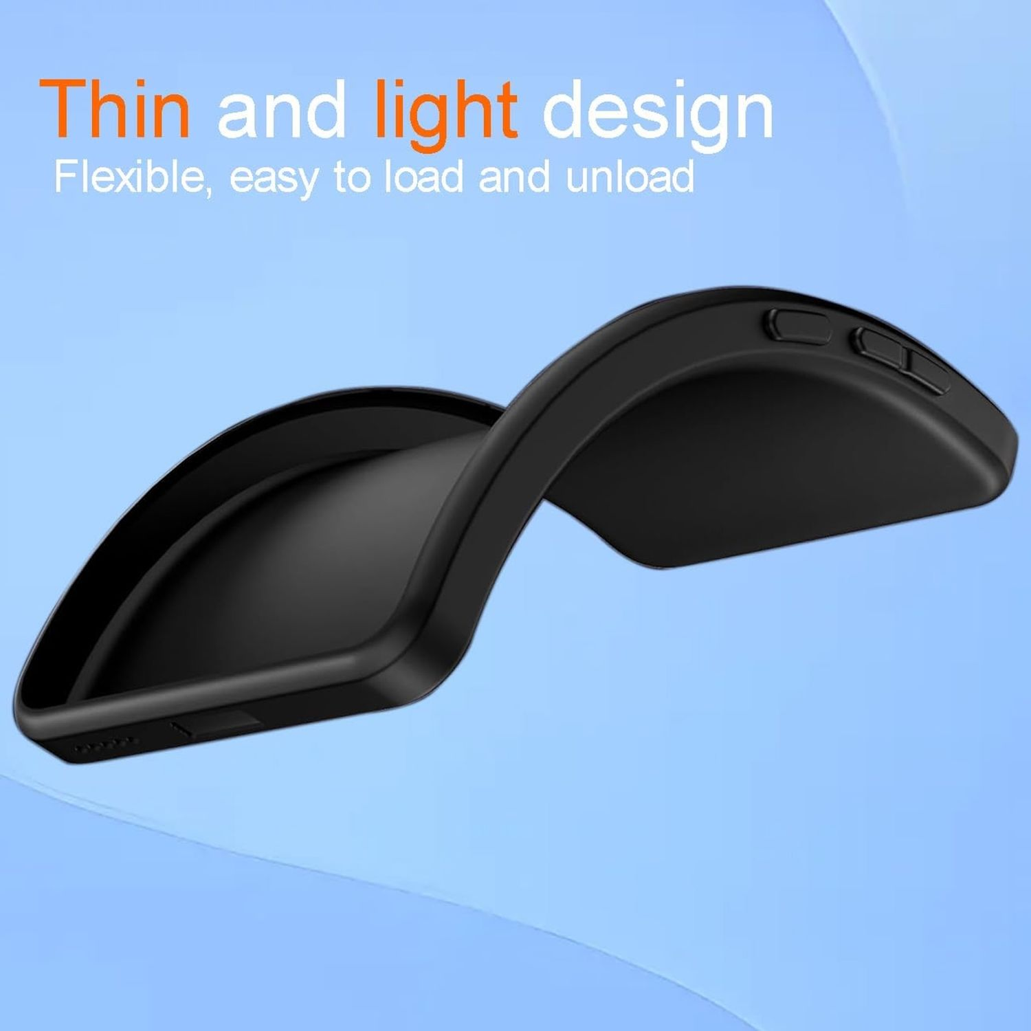 Eine schwarze, flexible Handyhülle wird gebogen, um ihre Flexibilität zu demonstrieren. Oben steht 'Thin and light design'.