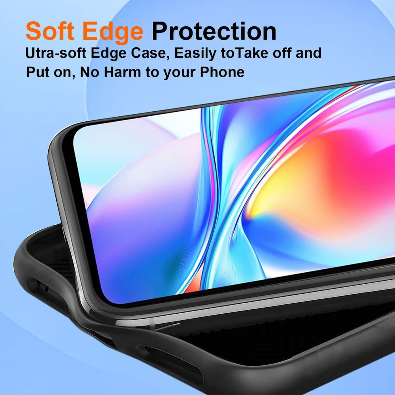 Una funda de teléfono con un teléfono dentro. La funda es negra, el teléfono muestra una imagen abstracta colorida. El texto dice 'Soft Edge Protection'.