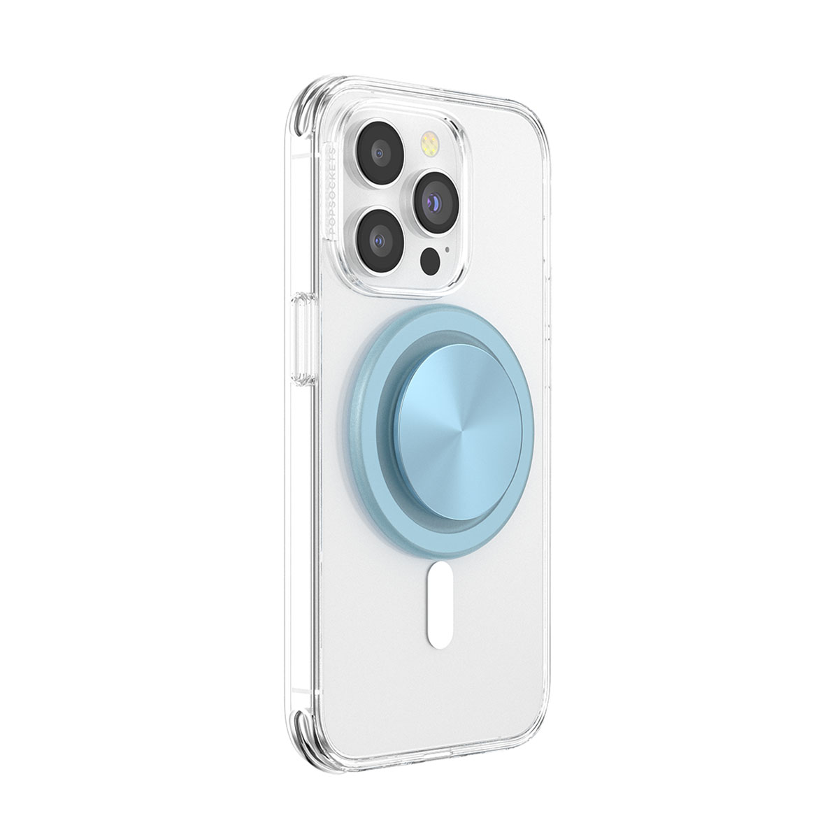 Funda transparente para iPhone con agarre PopSockets azul claro. La funda tiene una matriz de cámara e indicador de carga magnética blanco.