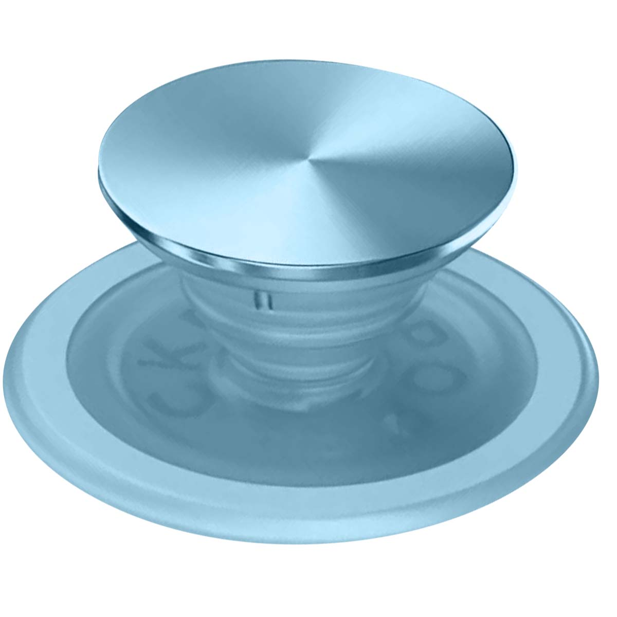 Un PopSocket azul claro se muestra sobre un fondo blanco. El PopSocket tiene una parte superior redonda y una base, conectadas por un componente cilíndrico.
