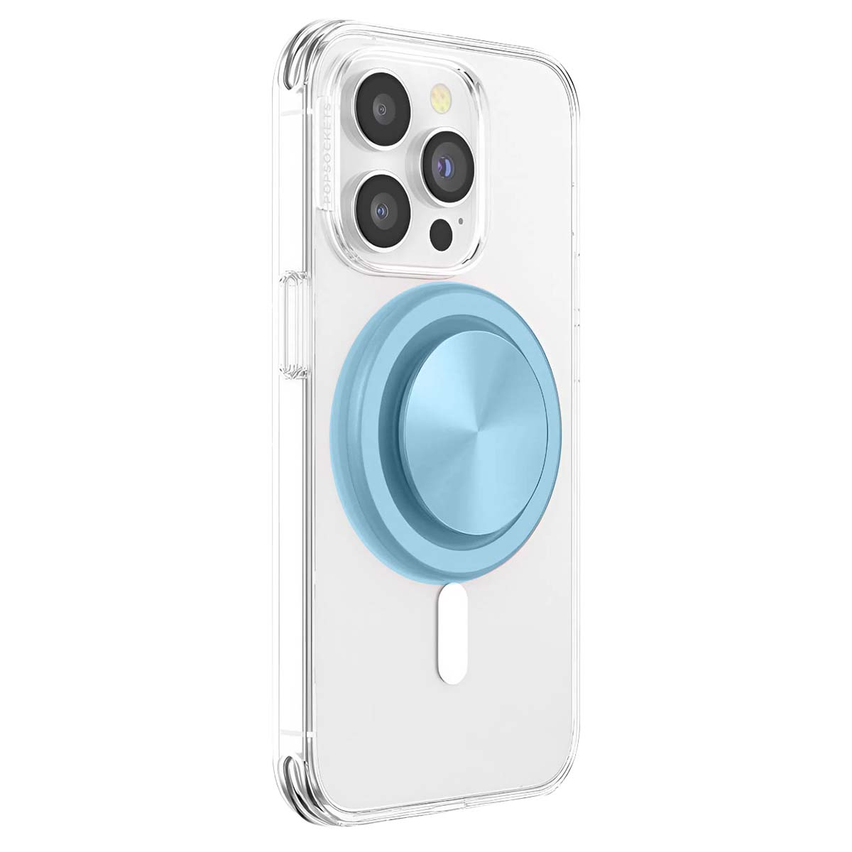 Un iPhone en una funda transparente con un PopSocket azul claro. El teléfono tiene tres cámaras. Una tira magnética blanca debajo.
