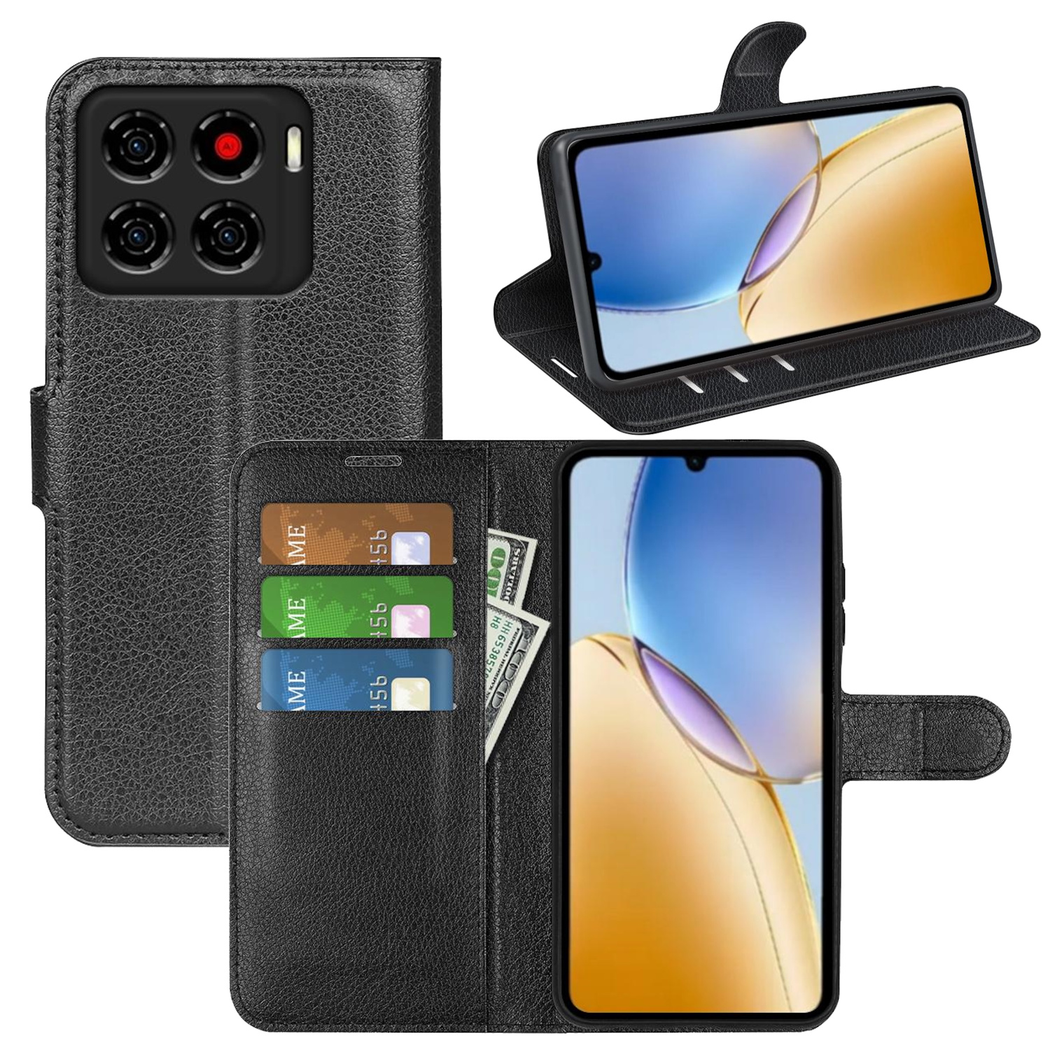Schwarze Leder-Handyhülle mit drei Kreditkartenfächern, Bargeld und einem Telefon im Inneren. Ein weiteres Telefon ist geöffnet.