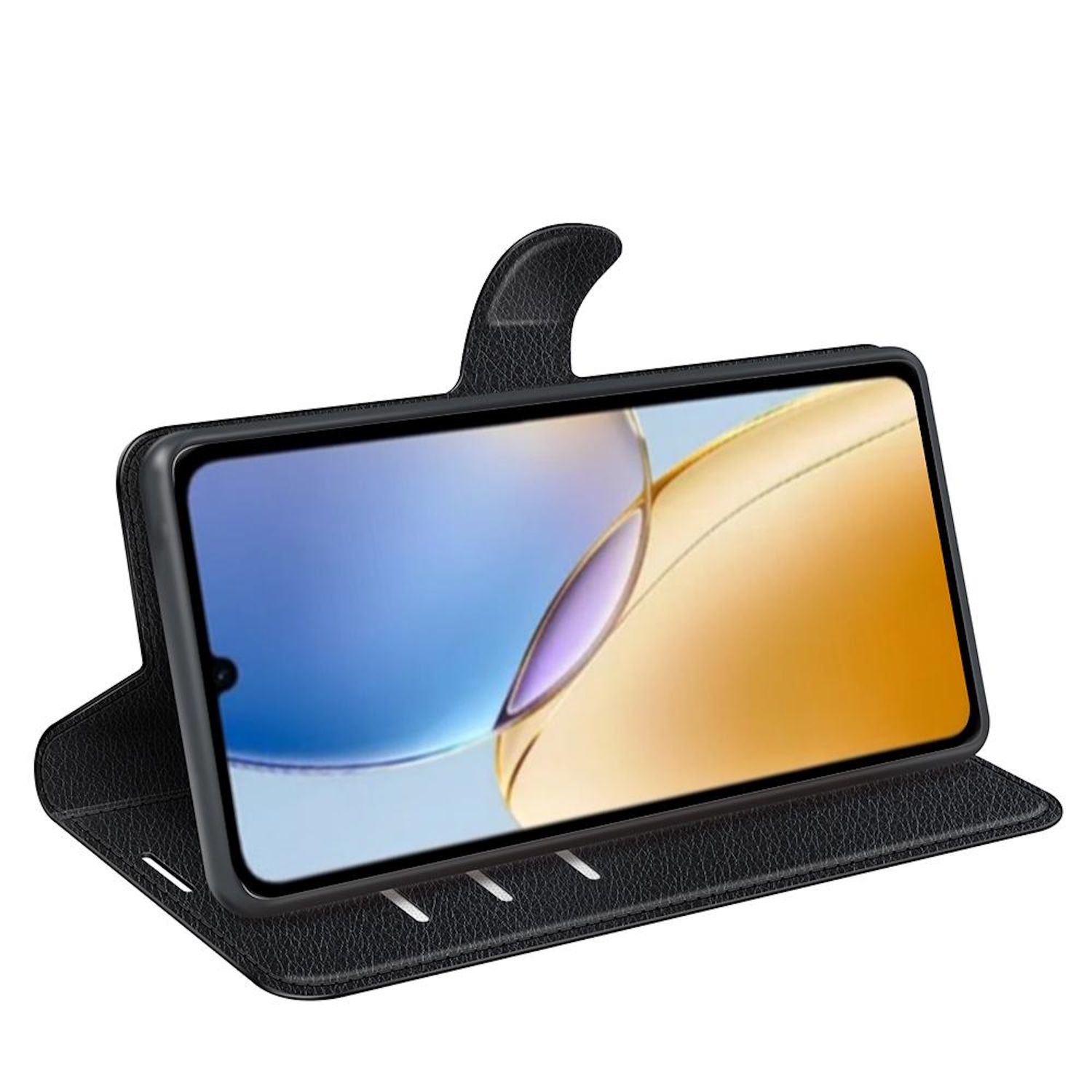Schwarze Handyhülle mit Telefon darin. Das Telefon zeigt ein goldgelbes und blaues Bild. Die Hülle ist geöffnet und auf weißem Hintergrund.