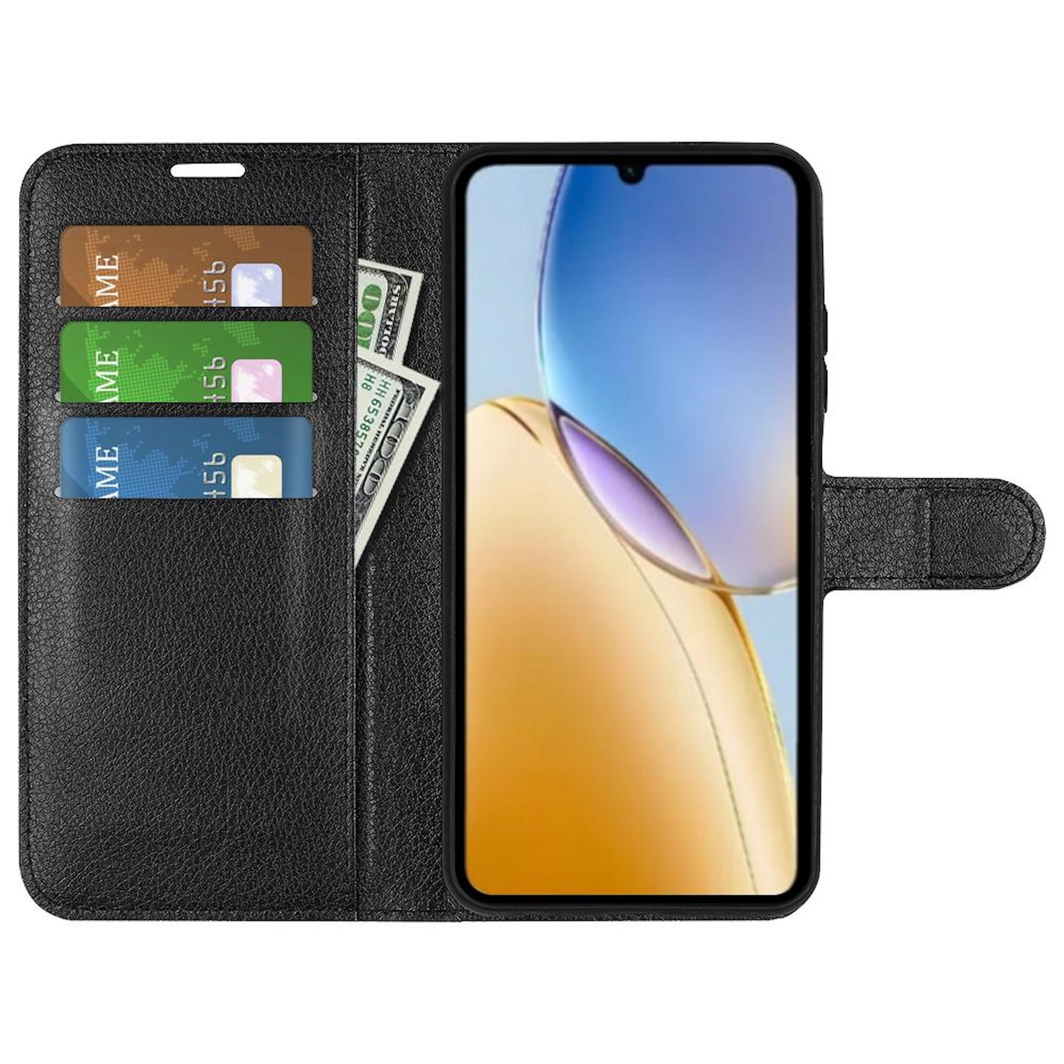 Eine schwarze Handyhülle mit Telefon, Geldscheinen und Kreditkarten. Der Telefonbildschirm zeigt einen bunten Hintergrund. Die Hülle ist offen.