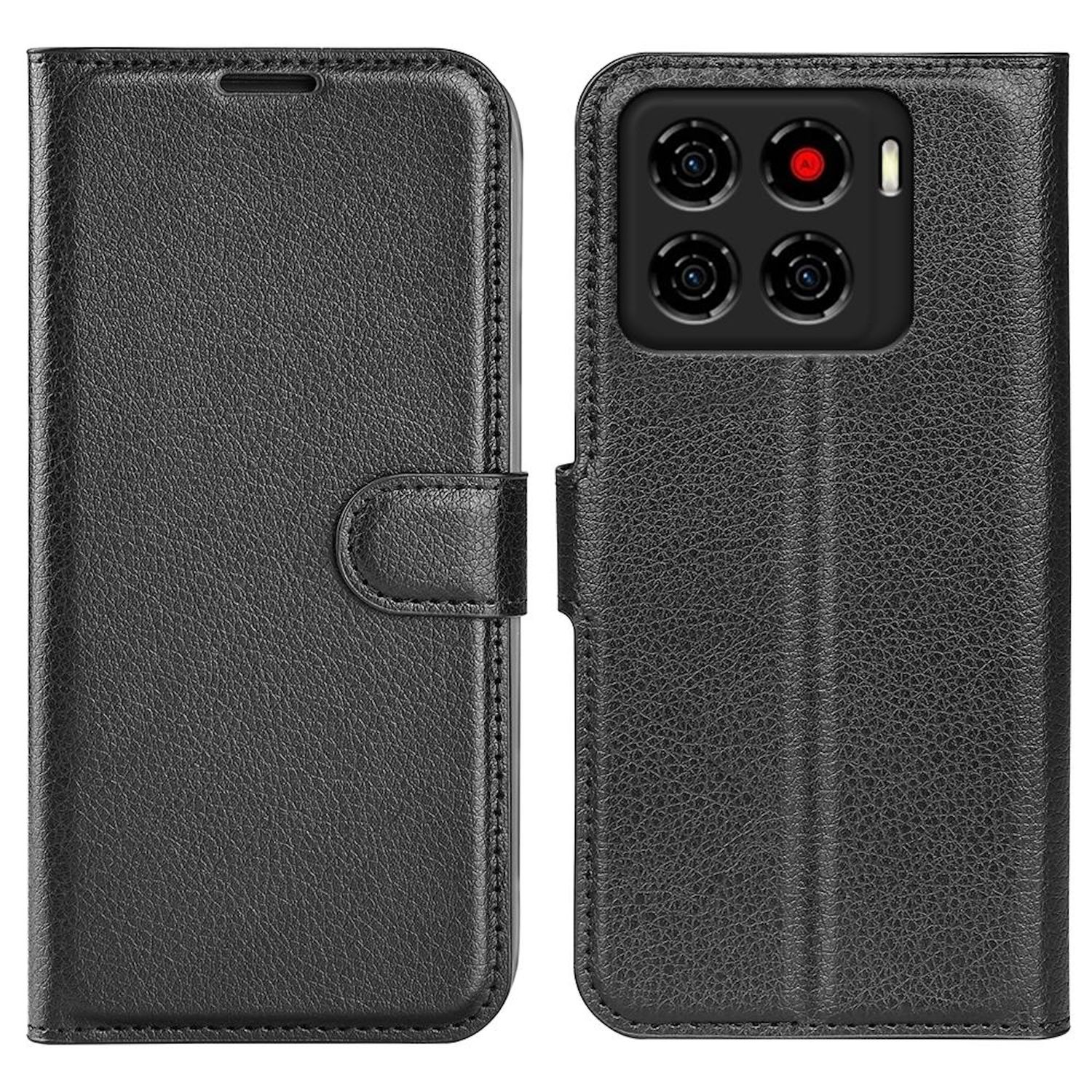 Schwarze Leder-Handyhülle, offen. Das Telefon ist auf der rechten Seite sichtbar. Die Hülle hat einen Magnetverschluss. Das Telefon hat vier Kameras.