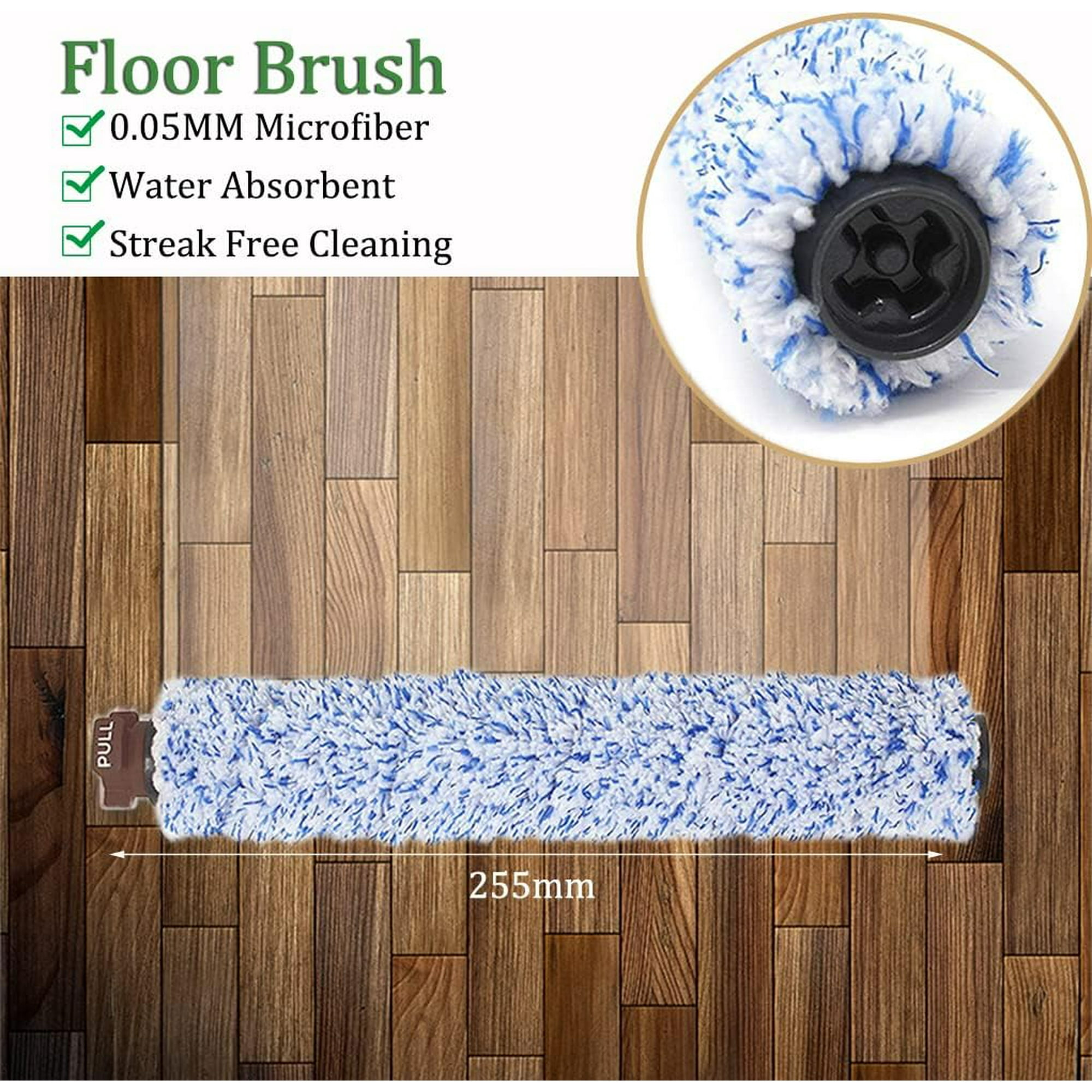 Bodenbürste mit blauer Mikrofaser. Details umfassen 0,05 mm Mikrofaser, wasserabsorbierend und streifenfreie Reinigung. Brauner Holzhintergrund.