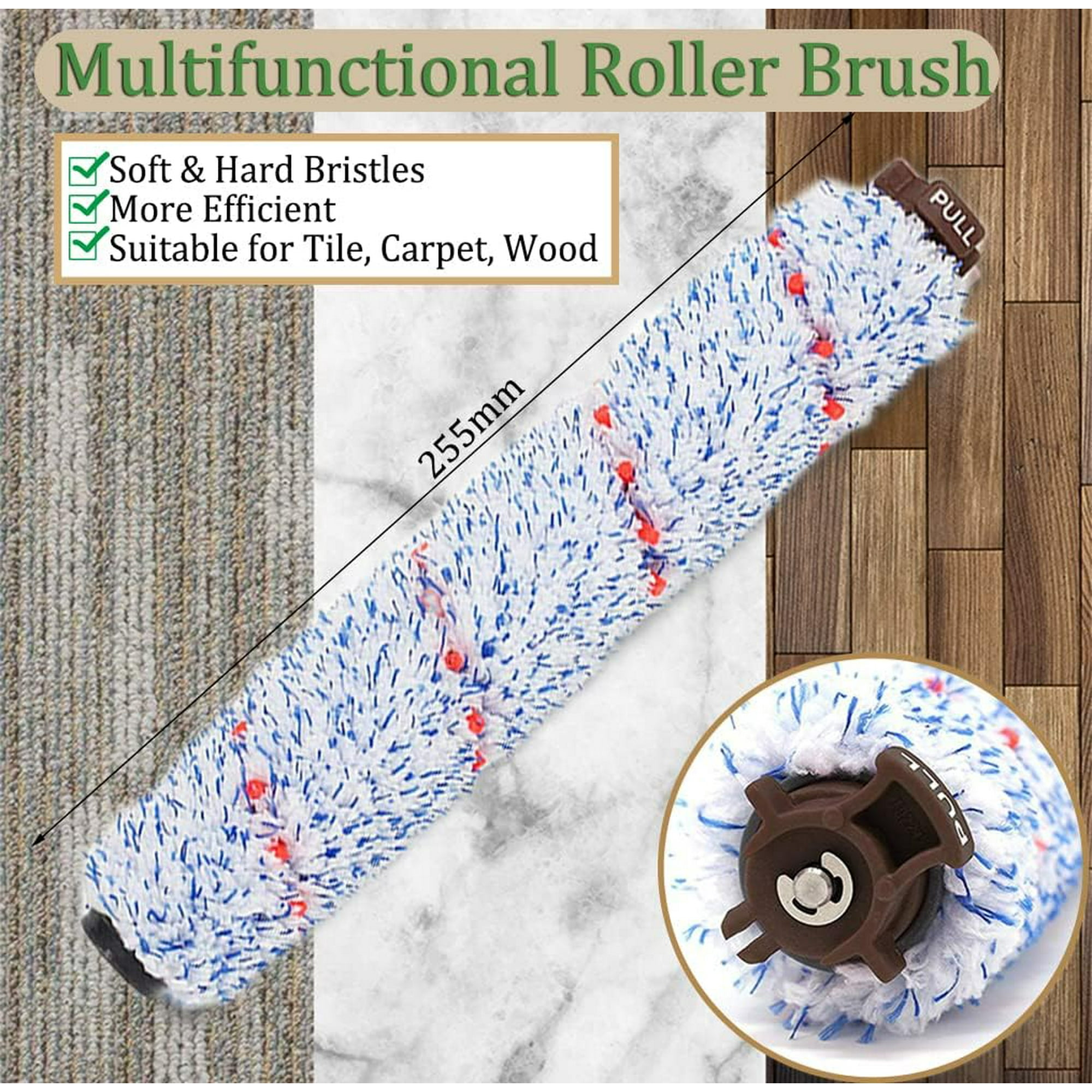 Eine Walzenbürste mit blauen und weißen Borsten, roten Punkten. Text: Multifunktions-Walzenbürste, geeignet für Fliesen, Teppich, Holz.