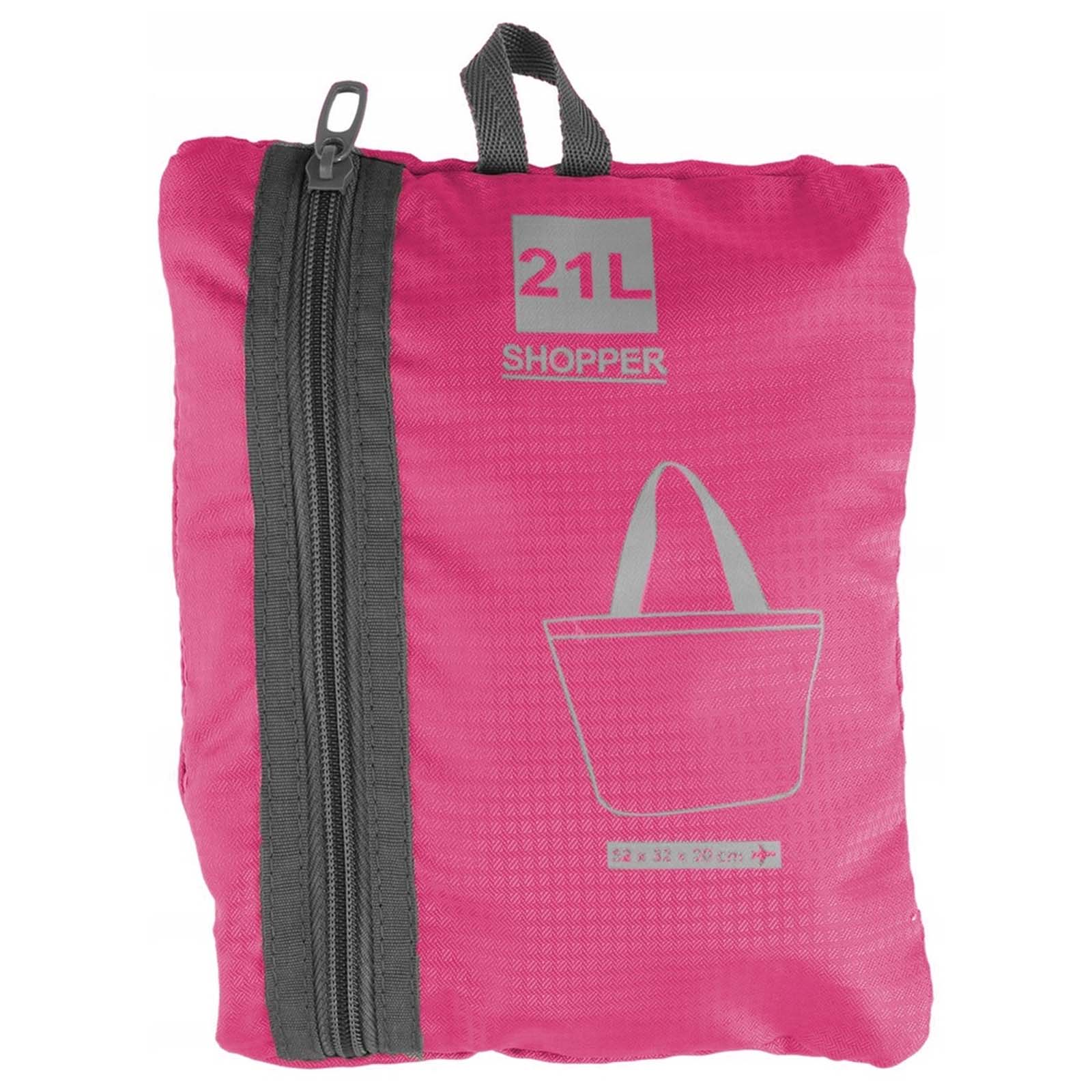 Borsa shopper rosa, cerniera grigia, manico e contorno di una borsa. Testo: 21L Shopper. Dimensioni 52x32x20cm.