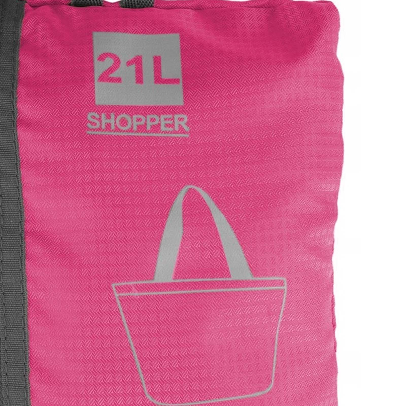 Borsa shopper rosa con dettagli grigi. Ha una capacità di 21 litri e una grafica shopper. Una cinghia grigia è sul lato sinistro.