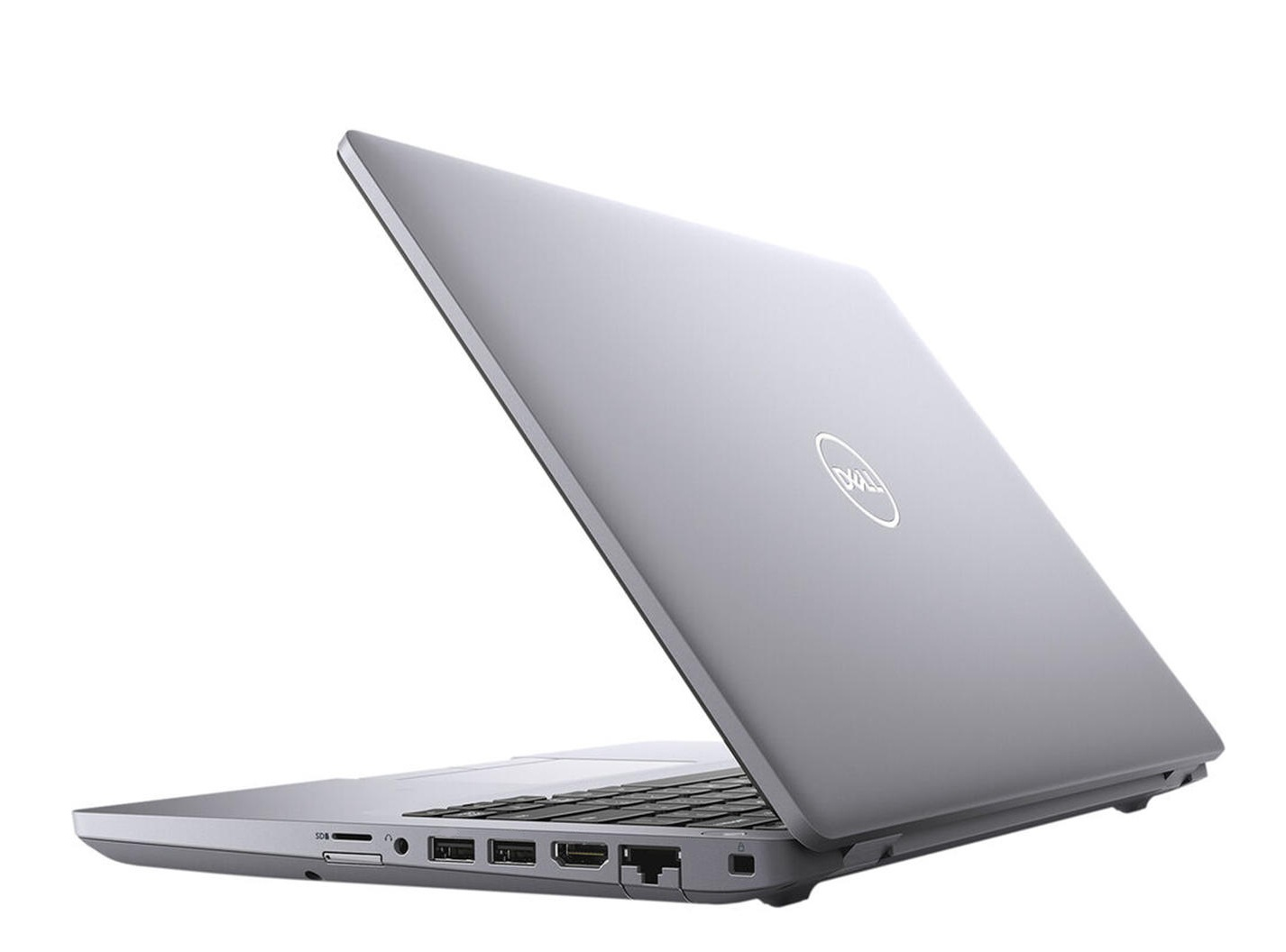Ein silberner Dell-Laptop ist geöffnet. Der Bildschirm ist angehoben und zeigt die Tastatur. Das Dell-Logo ist sichtbar.