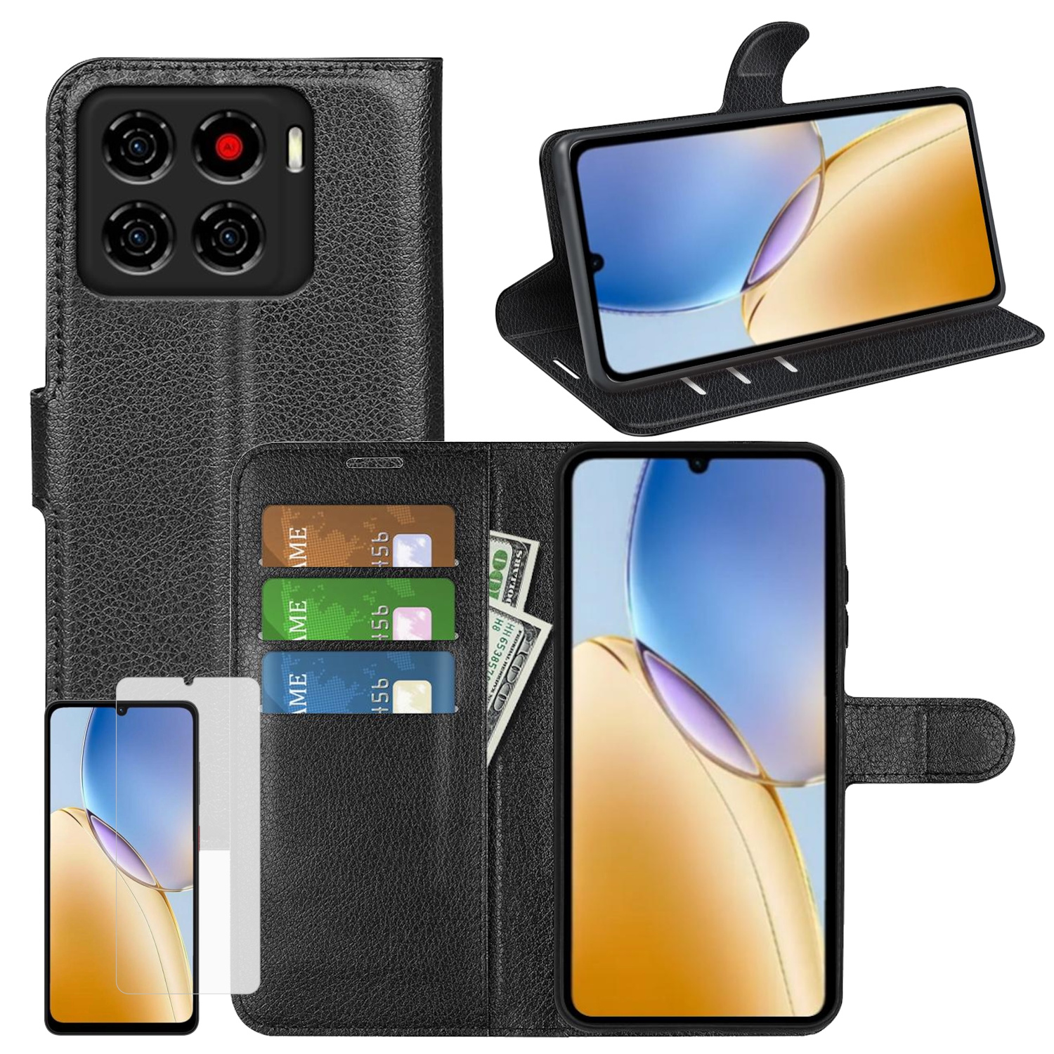 Schwarze Leder-Handyhülle mit mehreren Fächern und einem Telefon. Zeigt Telefon, Kreditkarten und Displayschutz.