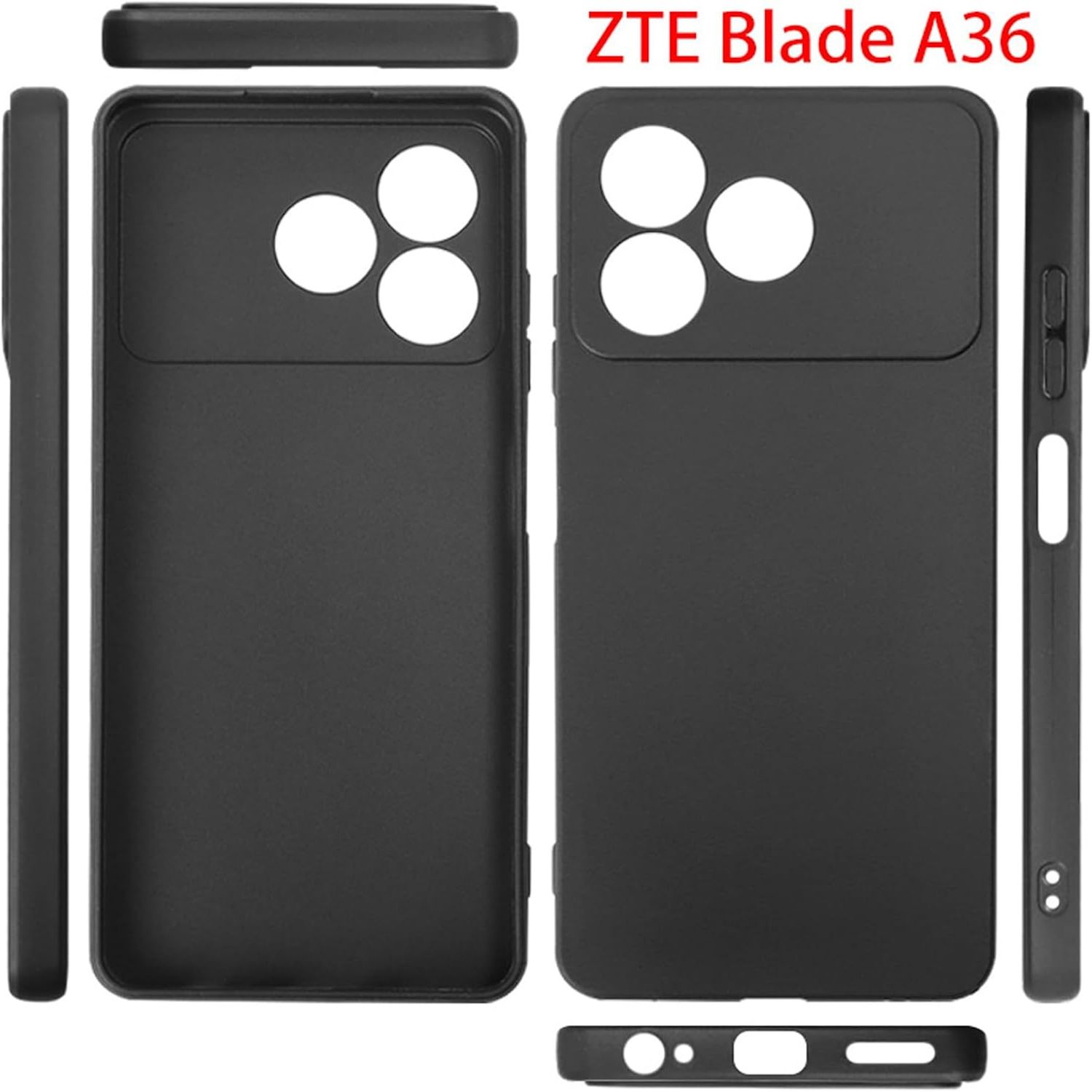 Funda negra para teléfono ZTE Blade A36, con tres recortes para la cámara. Múltiples vistas de la funda, incluyendo lateral y superior.