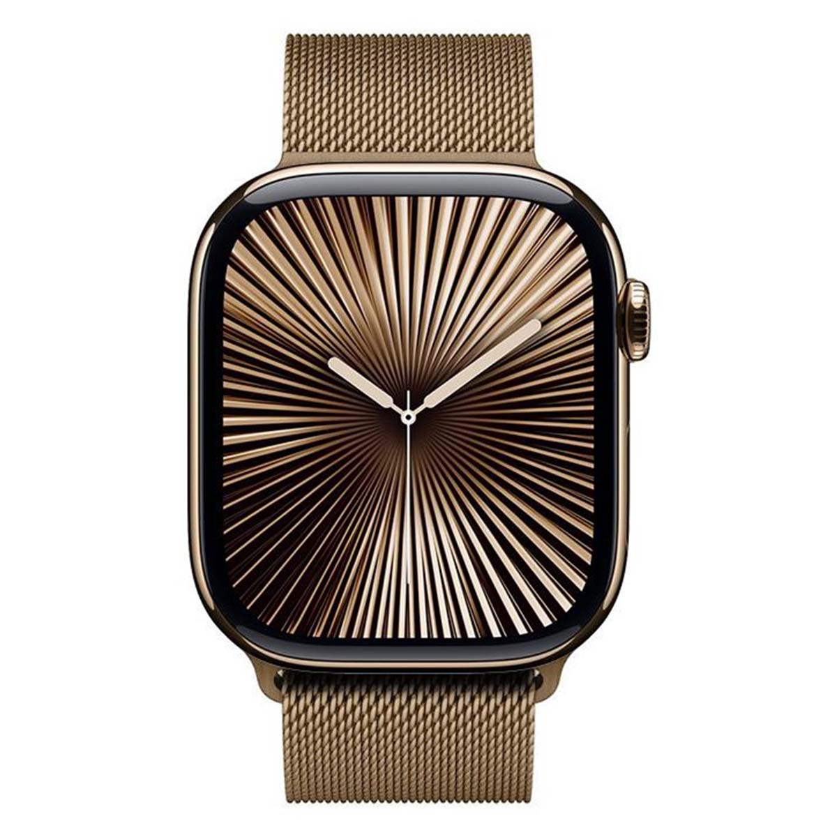 Un Apple Watch dorato con quadrante dal design radiale. Il cinturino è in maglia dorata. Le lancette segnano le 10:09.