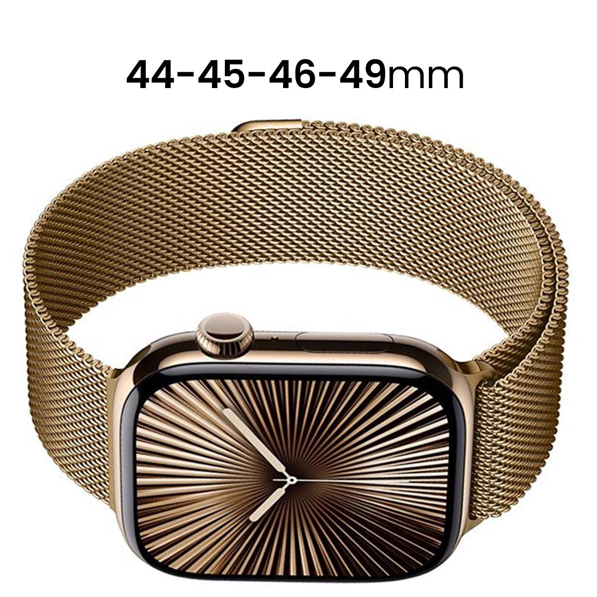 Un Apple Watch dorato con cinturino a maglia. Il quadrante mostra linee radiali. Il testo in alto recita "44-45-46-49mm".