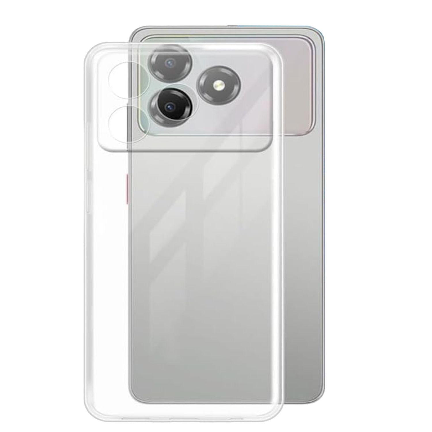 Una funda transparente sobre un teléfono con tres lentes de cámara. El teléfono y la funda son plateados y transparentes.