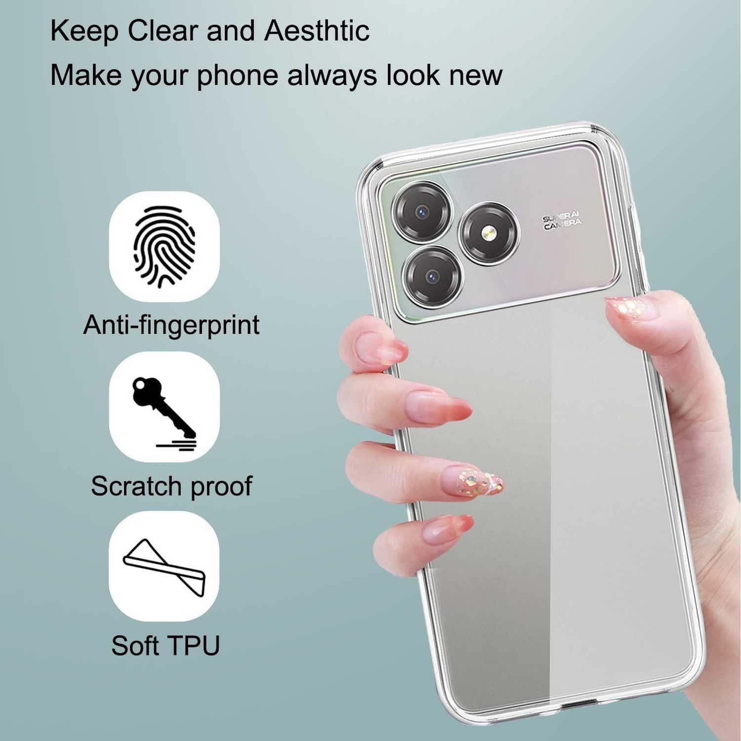 Una funda transparente para teléfono en una mano. El texto dice 'Anti-huellas', 'A prueba de arañazos' y 'TPU suave'. También 'Claro y estético'.