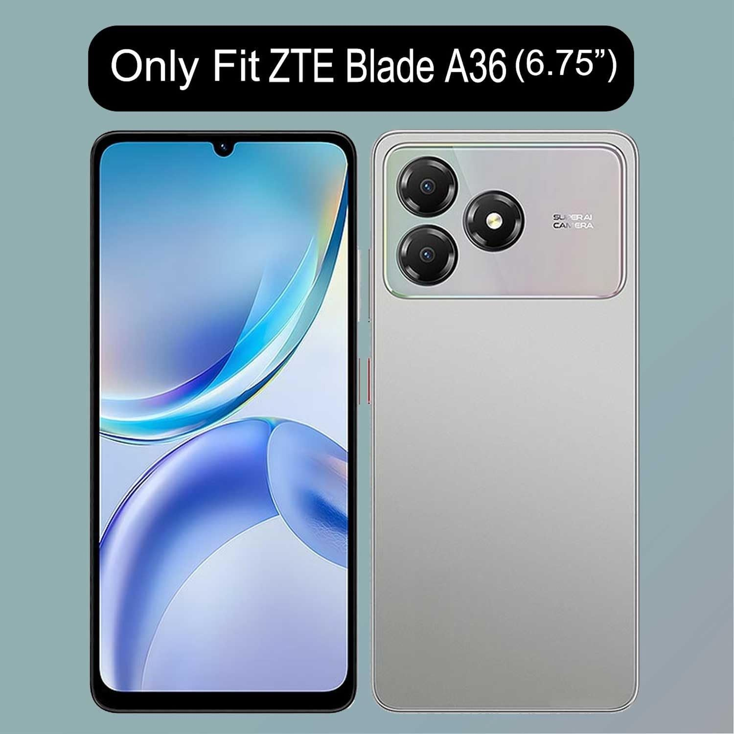 La imagen muestra un teléfono con vistas frontal y trasera. La parte frontal muestra una pantalla con un diseño azul abstracto. La parte trasera tiene tres cámaras.