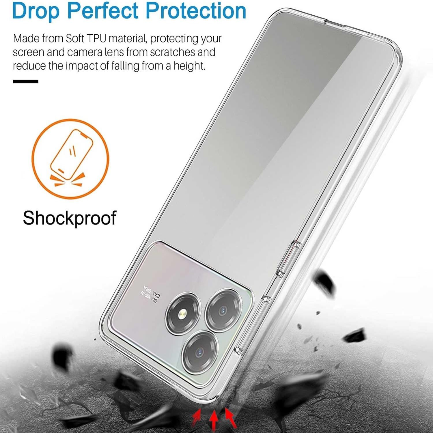 Funda transparente para teléfono. La funda está inclinada y la cámara es claramente visible. El fondo muestra texto y gráficos de protección contra impactos.