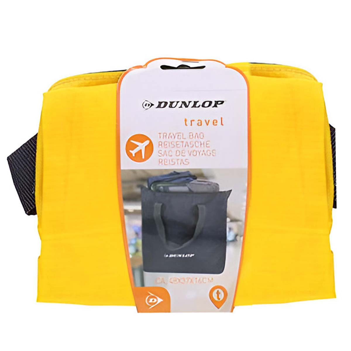 Eine gelbe Dunlop Reisetasche mit schwarzem Riemen. Eine Reisetasche ist in der Verpackung sichtbar. Text: 'travel' und 'Dunlop'.