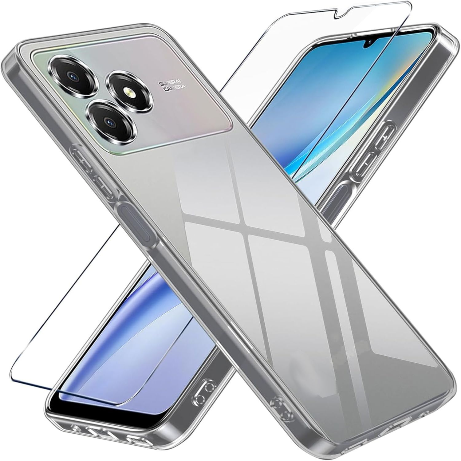 Transparente Handyhülle mit Displayschutzfolie. Die Hülle hat drei Kameraöffnungen und eine transparente Folie.
