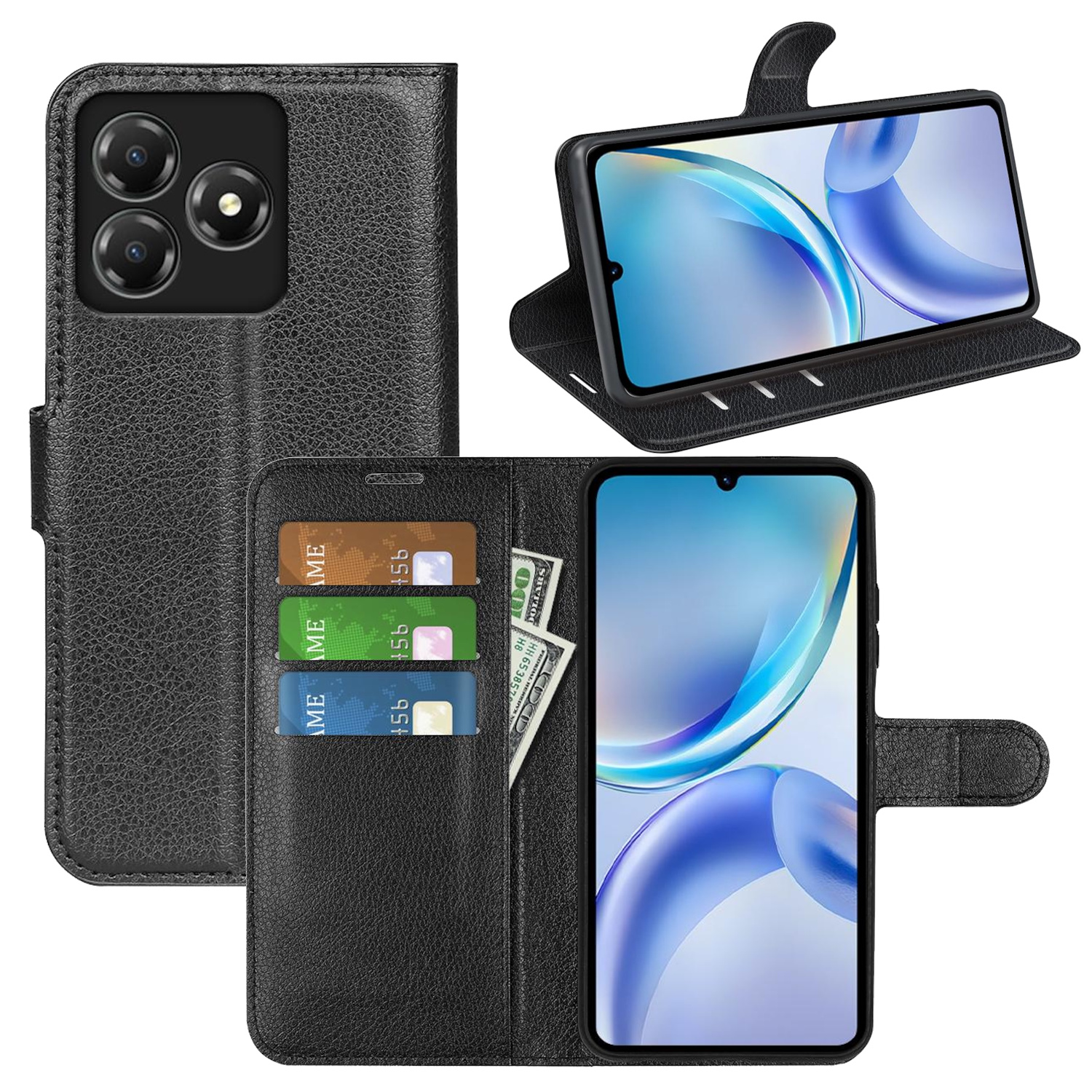 Schwarze Leder-Handyhülle mit Telefon, Kreditkarten und Dollar. Telefon in offener und geschlossener Position. Verschiedene Winkel.