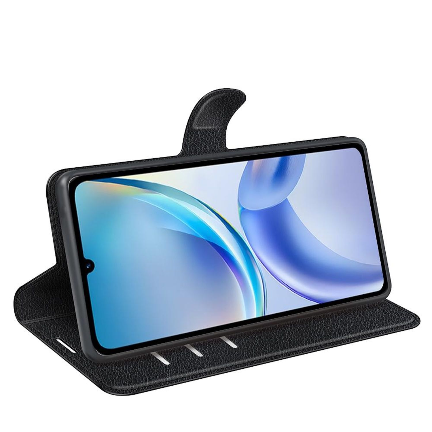 Ein schwarzes Telefon in einer schwarzen Brieftasche wird angezeigt und zeigt einen blau-weißen abstrakten Hintergrund auf dem Bildschirm.