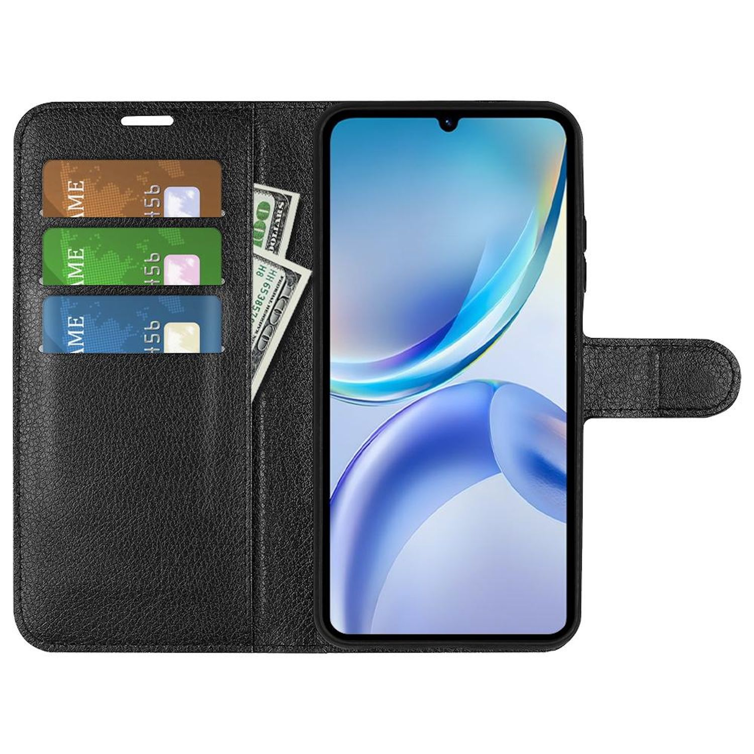 Schwarze Handyhülle mit Telefon. Kreditkarten und Geld befinden sich im Etui.