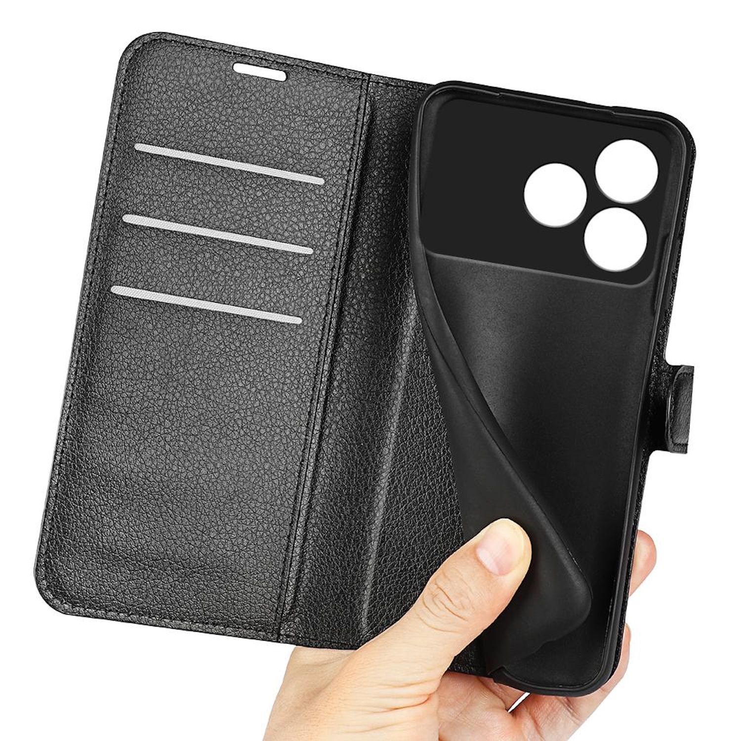 Eine Hand hält eine schwarze Handyhülle im Brieftaschendesign. Die Hülle ist offen und zeigt Kartenfächer und den Telefonhalter.