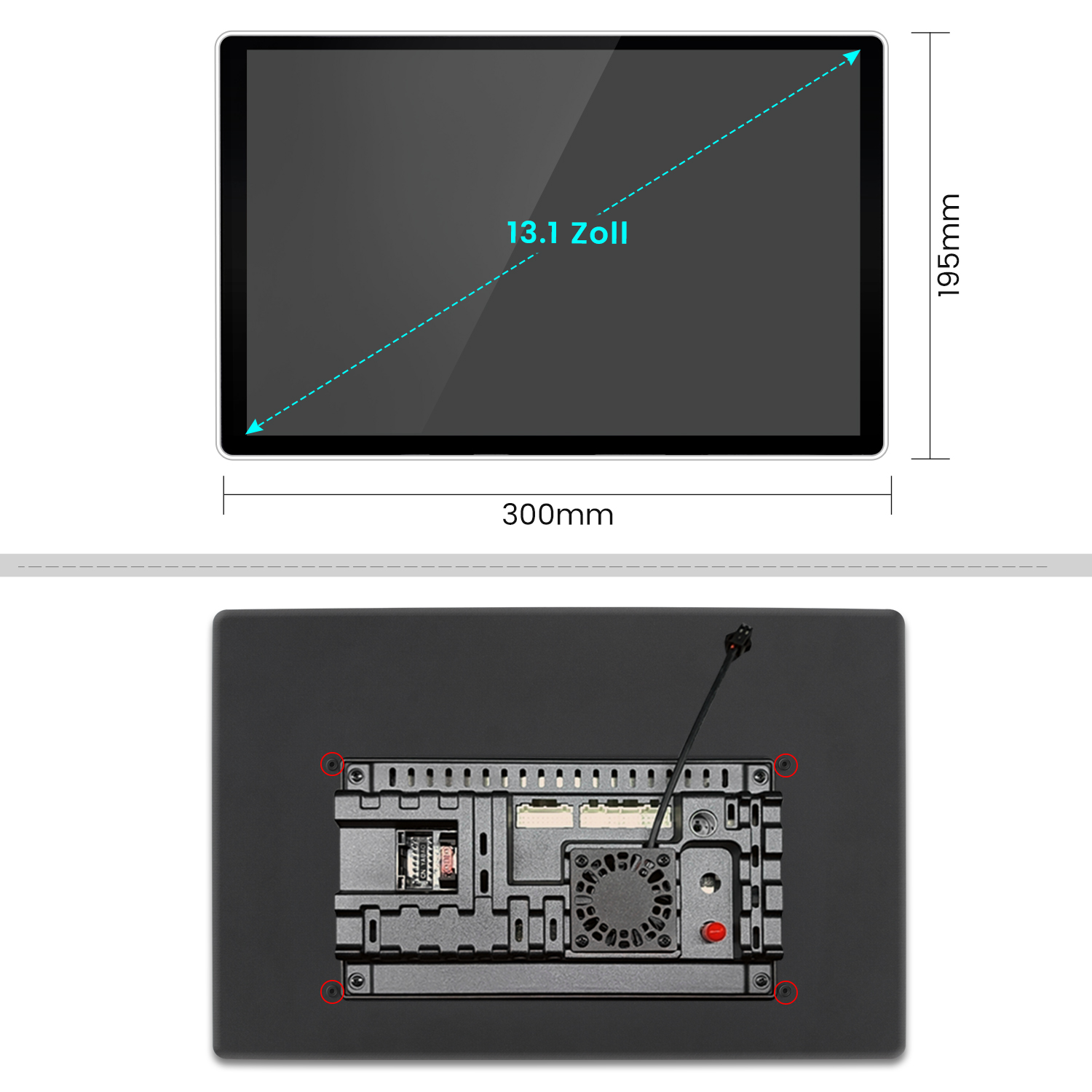 Ein schwarzes Tablet mit Abmessungen. Oben: 13,1 Zoll Bildschirm mit 300 mm Breite und 195 mm Höhe. Unten: Rückseite mit Komponenten.