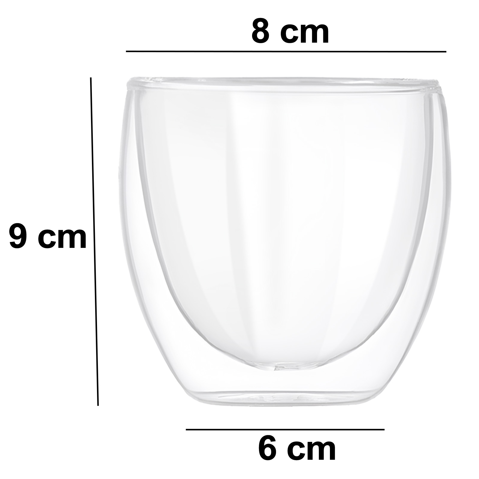 Ein klares, doppelwandiges Glas mit den Maßen: 8 cm breit, 9 cm hoch und 6 cm Basis. Isoliert auf weißem Hintergrund.