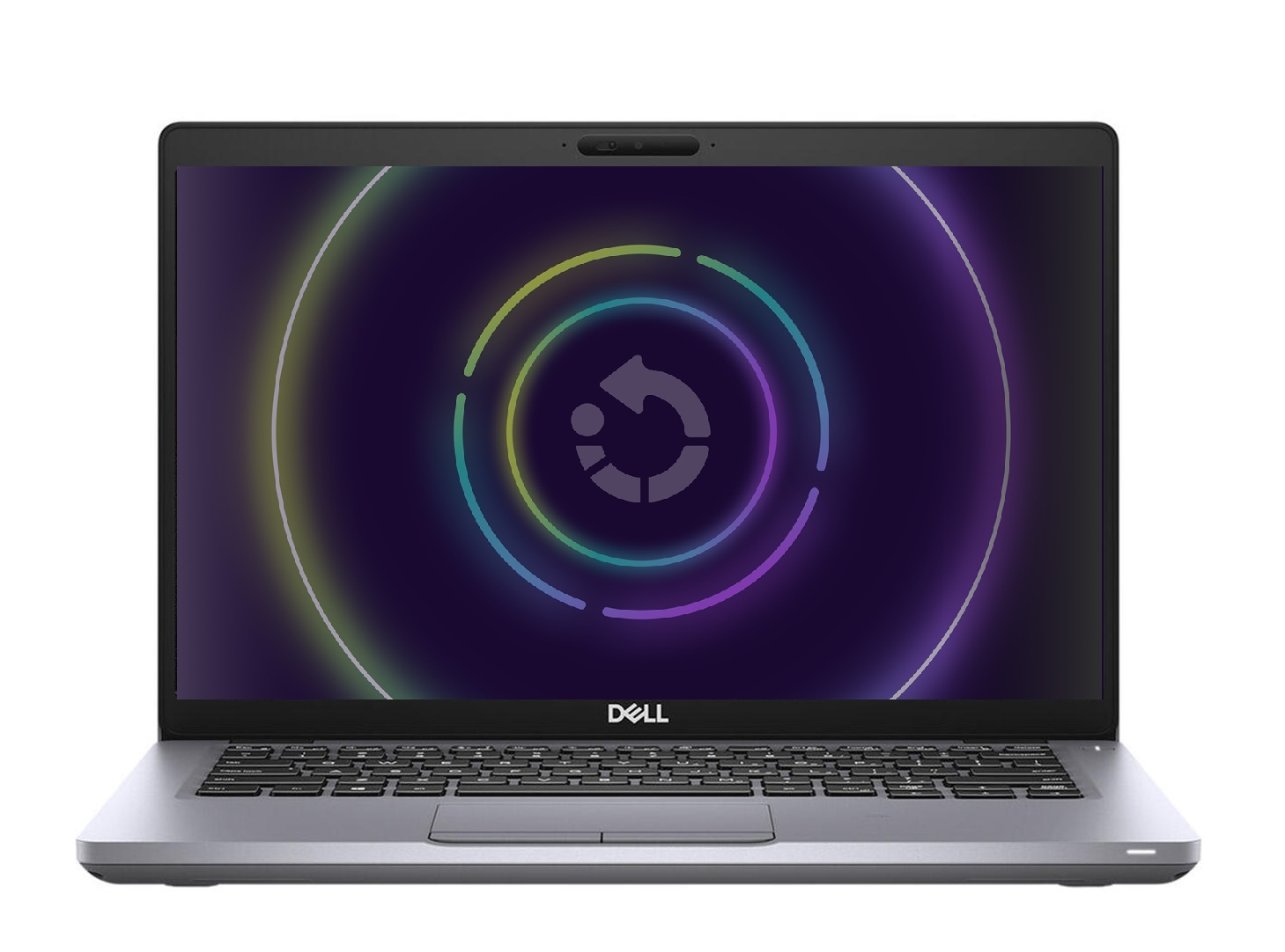 Ein Dell-Laptop mit einem Bildschirm, der eine Ladeanimation aus konzentrischen Kreisen in Grün-, Blau- und Lilatönen anzeigt.