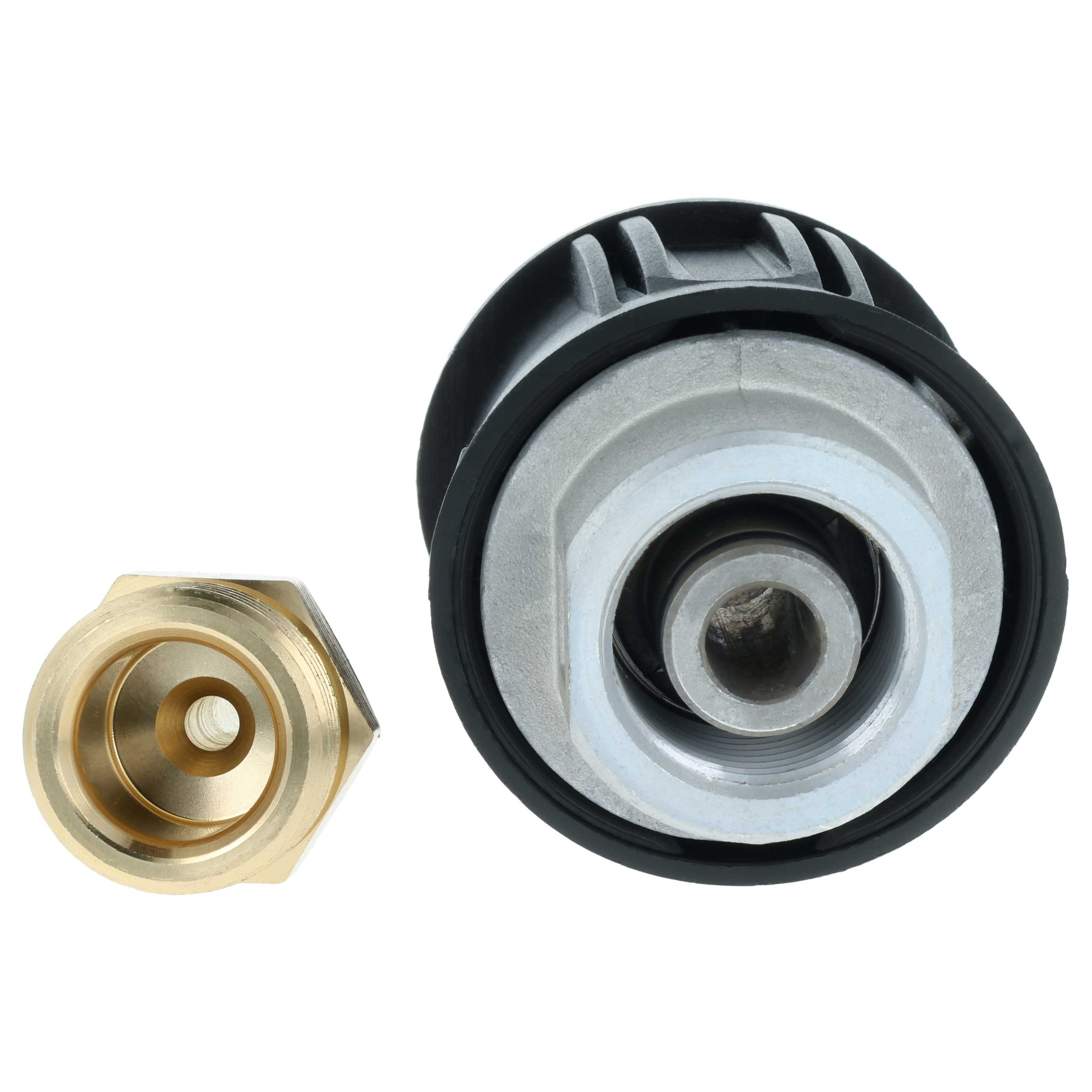 Das Bild zeigt zwei Metallteile vor weißem Hintergrund. Eines ist goldfarben, das andere silber und schwarz.