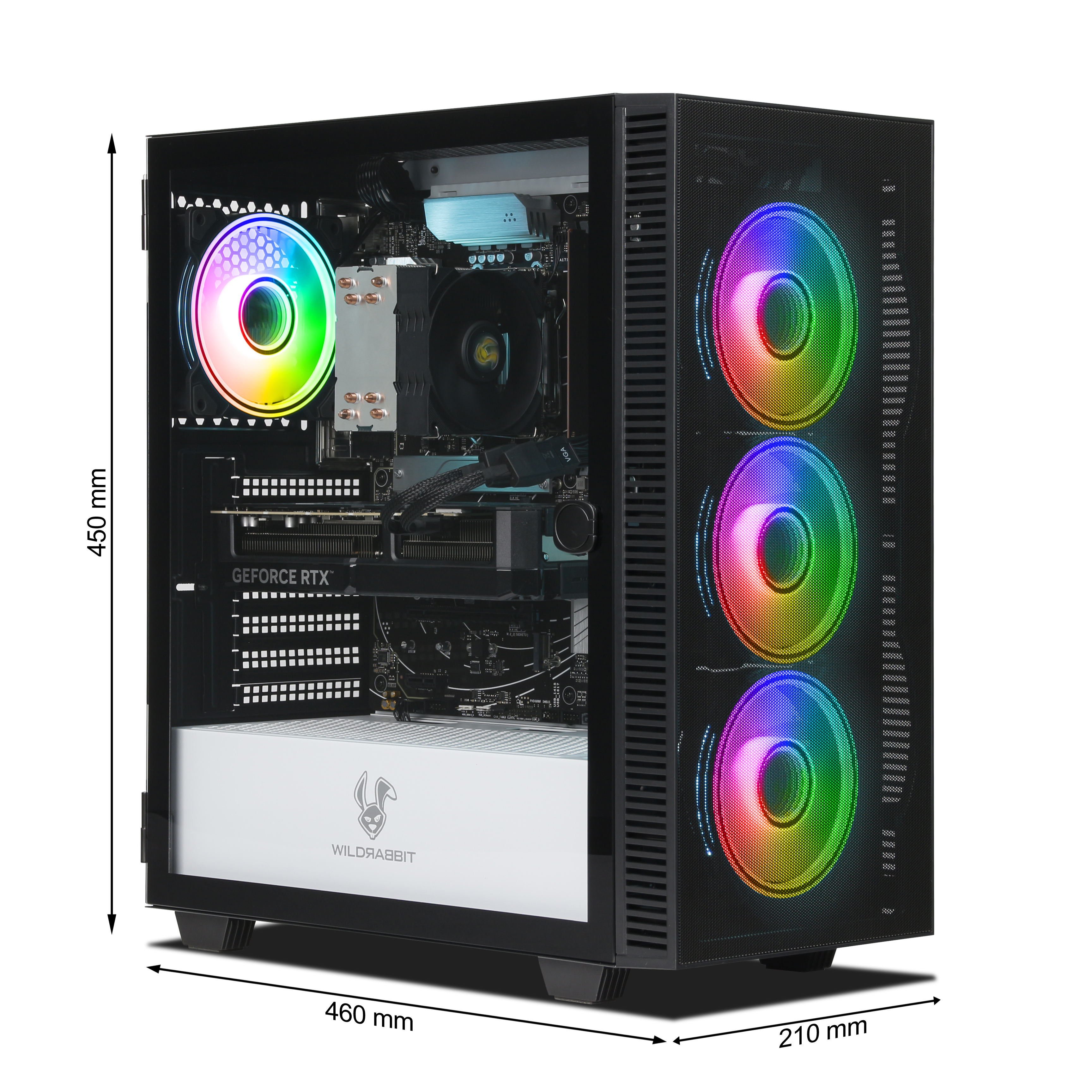 Caja de PC con dimensiones. En el interior, se ven componentes como una tarjeta gráfica y ventiladores con iluminación arcoíris.