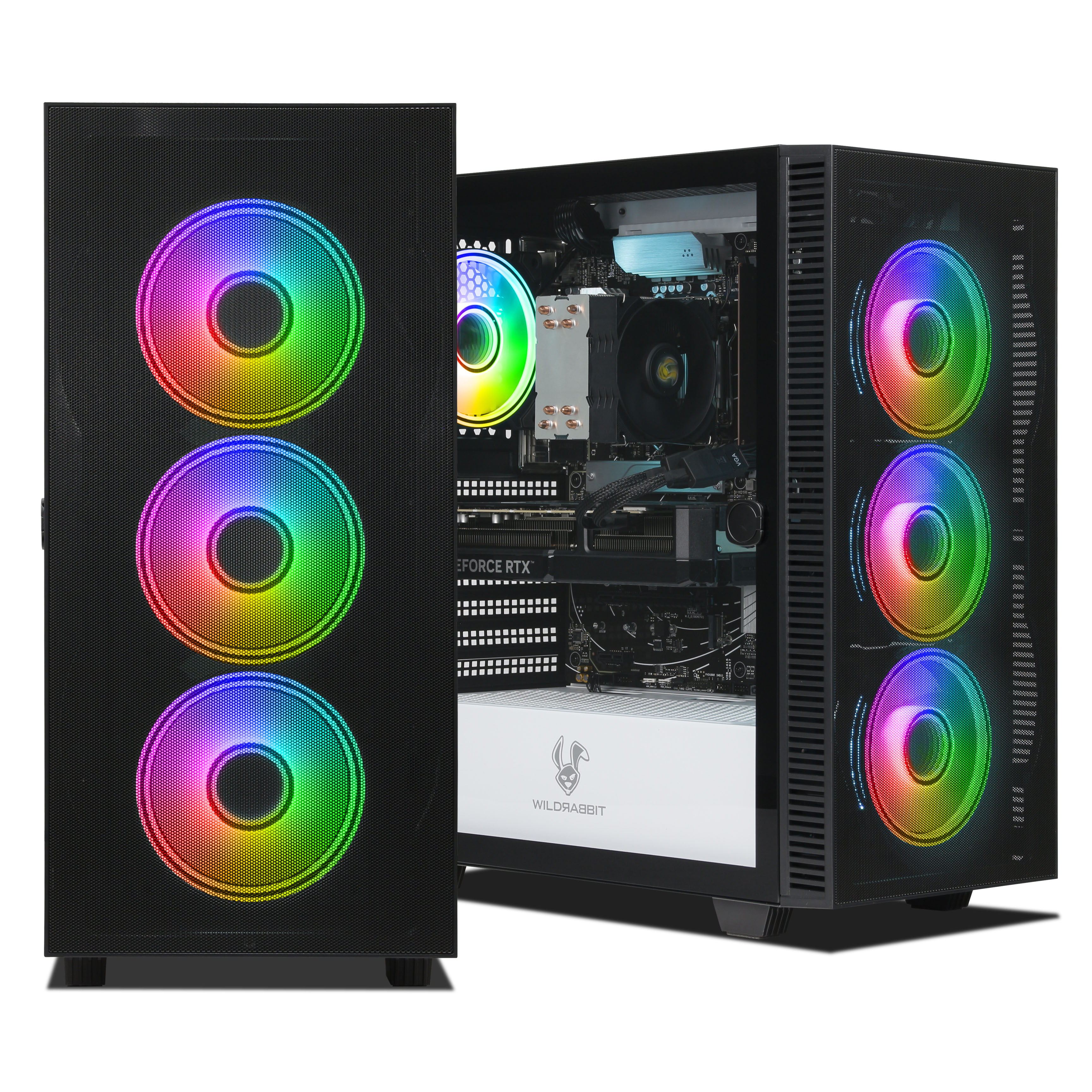 Una caja de ordenador negra con el lateral abierto. Tres ventiladores con luces de arco iris están en la parte delantera. Los componentes internos son visibles.