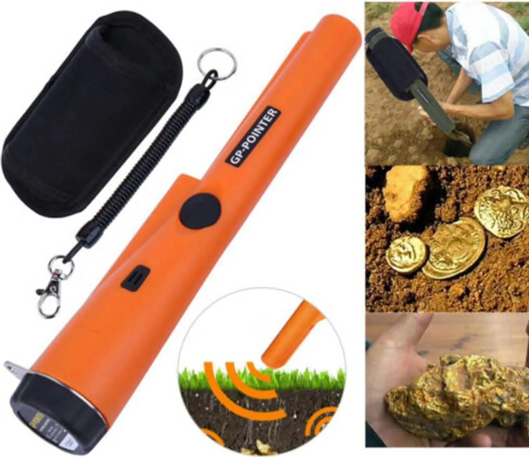 Ein orangefarbener Metalldetektor mit schwarzem Gehäuse sucht nach Schätzen. Goldmünzen und ein Goldnugget sind ebenfalls abgebildet.