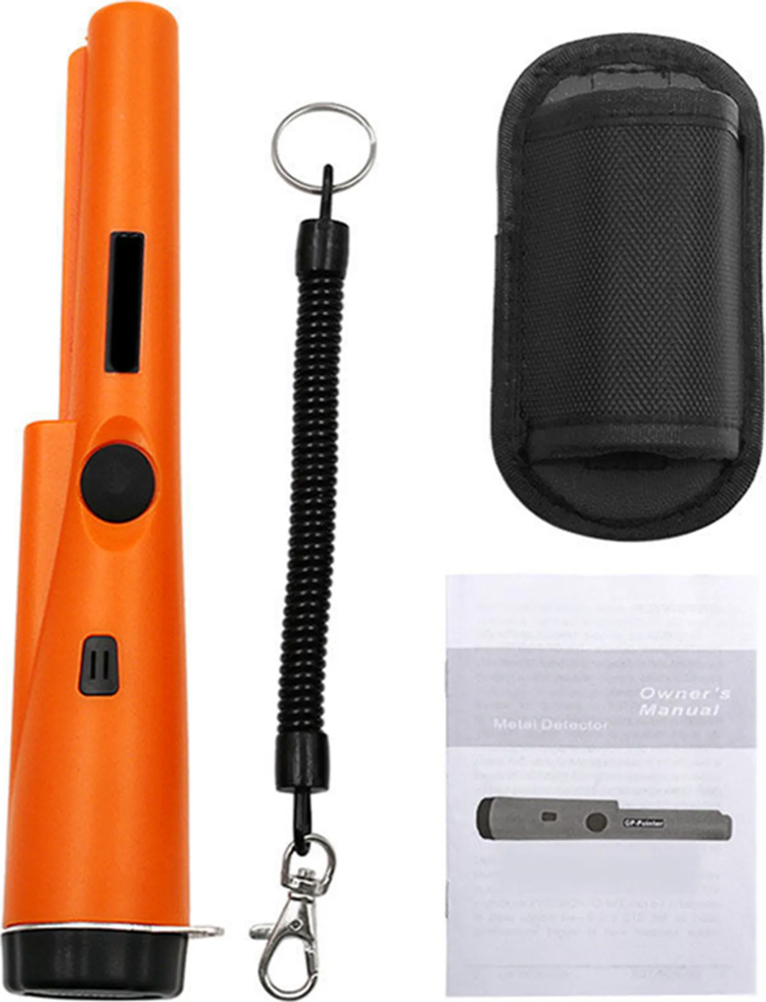 Ein orangefarbener Metalldetektor mit einer schwarzen Spule, einem schwarzen Gehäuse und einer Bedienungsanleitung auf weißem Hintergrund.