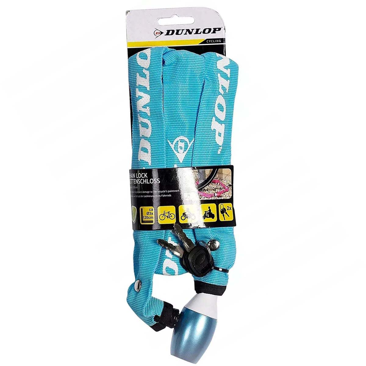 È mostrato un lucchetto a catena per bicicletta Dunlop blu. Il lucchetto è avvolto e ha le chiavi attaccate. L'imballaggio è visibile.