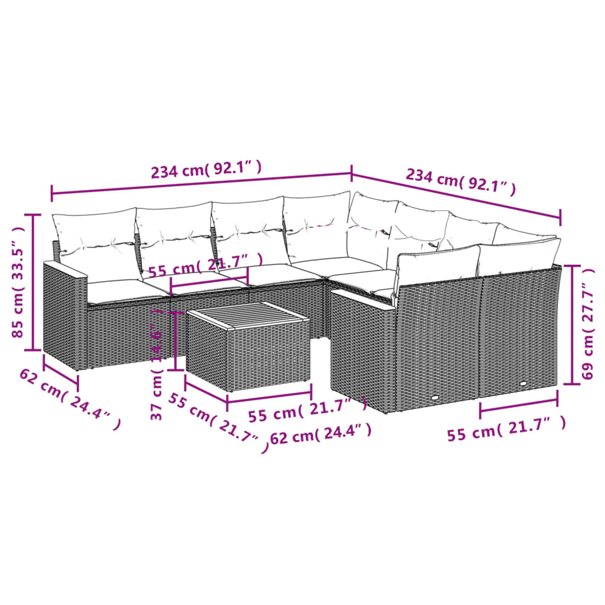 Ein Outdoor-Ecksofa mit Maßen wird gezeigt. Es hat einen Couchtisch und besteht aus gewebtem Material mit weißen Kissen.