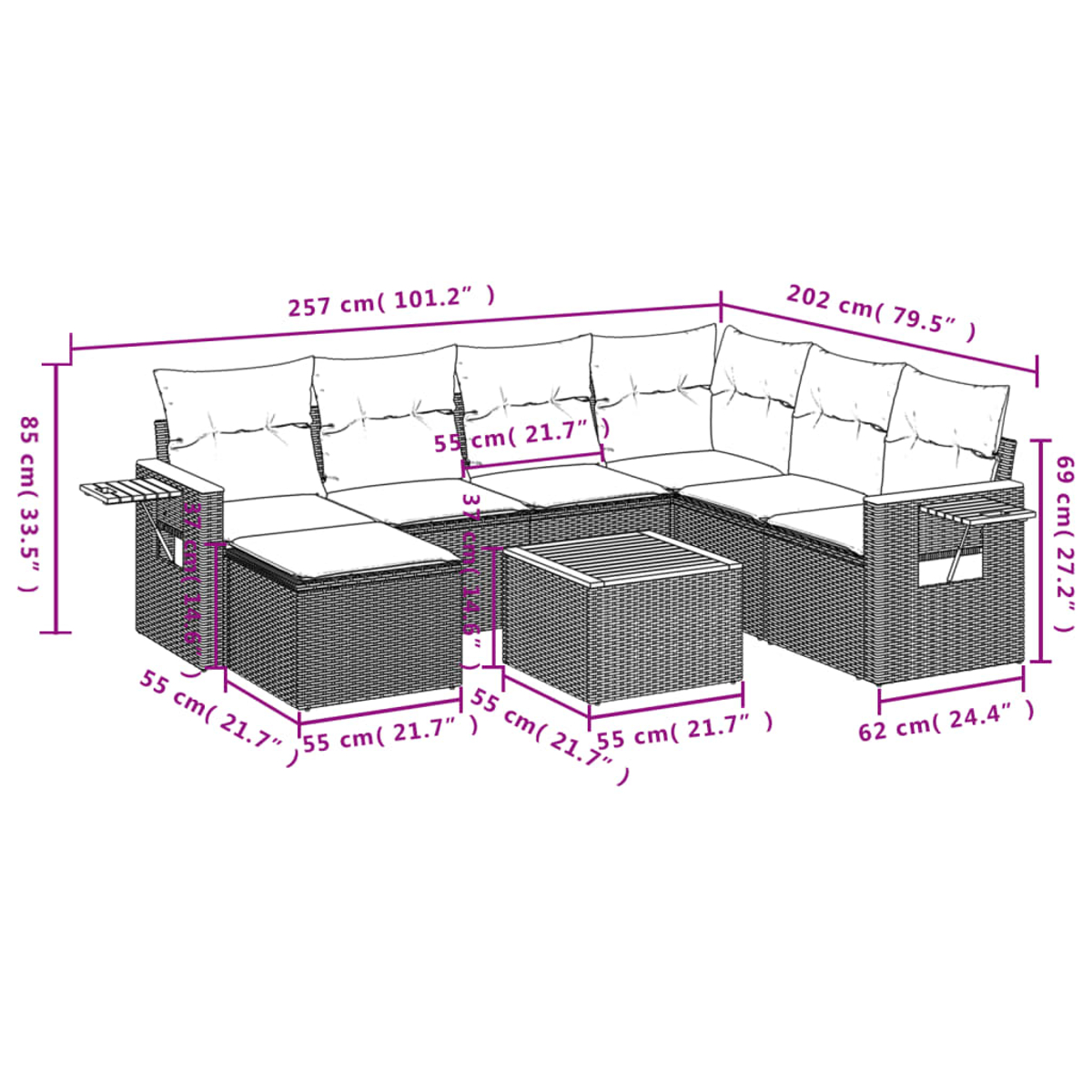 Ein Diagramm zeigt ein Outdoor-Sofaset mit Abmessungen in Zentimetern und Zoll. Das Set umfasst ein Ecksofa und einen quadratischen Couchtisch.