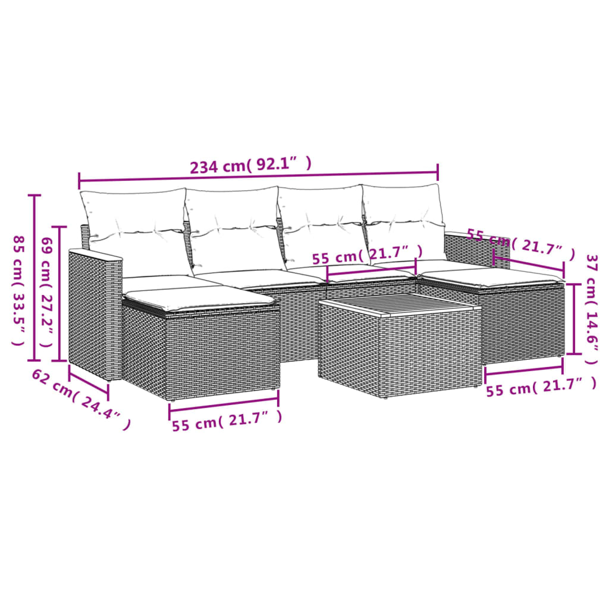 Ein Rattan-Outdoor-Sofaset mit Maßen. Es hat ein Sofa, eine Ottomane und einen kleinen Tisch. Maße sind beschriftet.