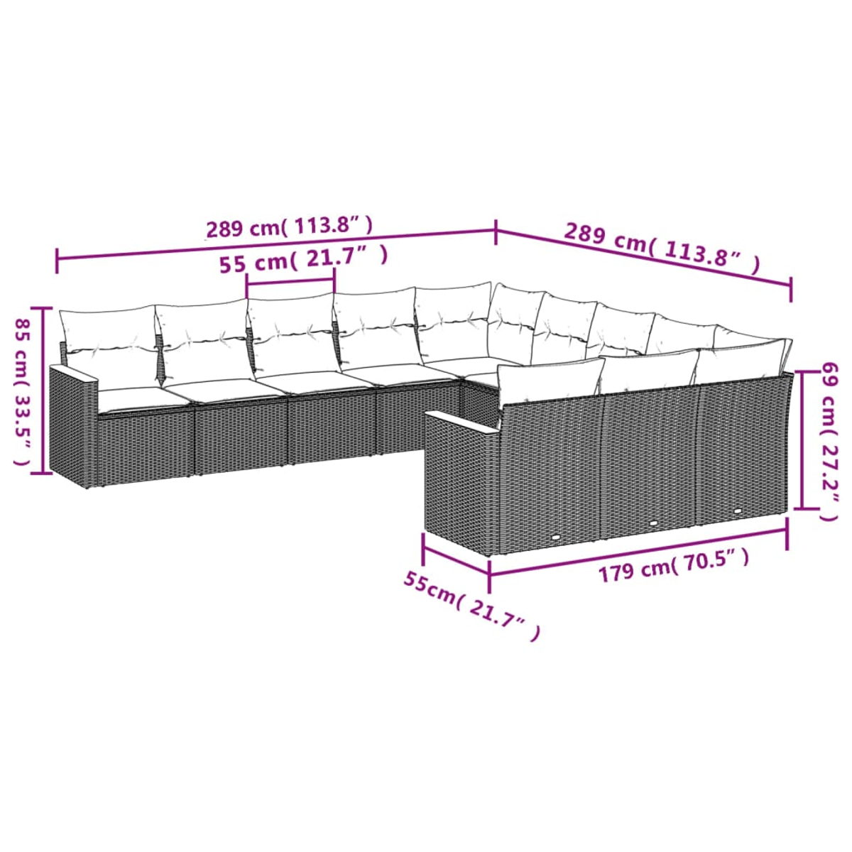 Ein L-förmiges Outdoor-Rattansofa mit Beschriftung der Abmessungen. Es hat helle Kissen. Messungen umfassen Längen und Höhen.