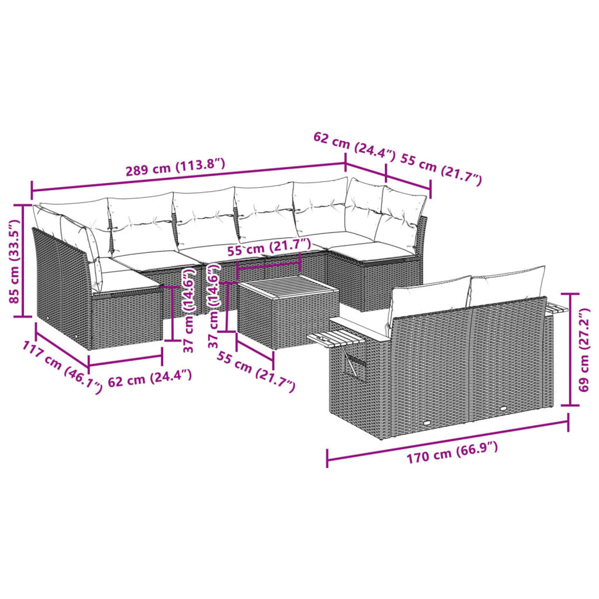 Diagramm eines Outdoor-Ecksofas mit Abmessungen. Enthält ein großes Ecksofa, einen kleinen Tisch und eine Doppelsitzbank mit Maßen.