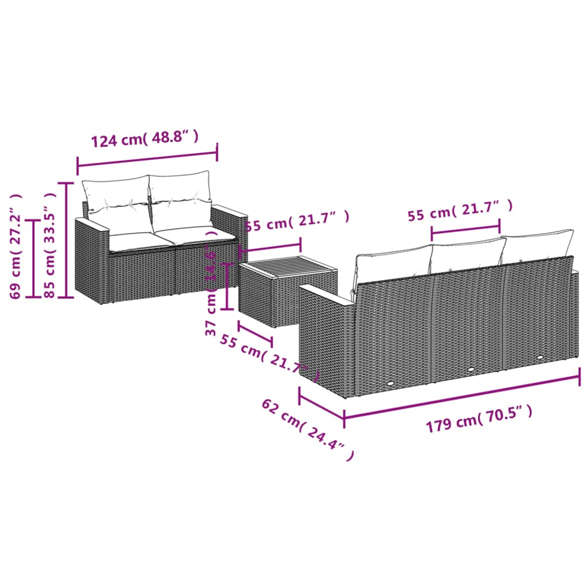 Ein Outdoor-Möbelset mit Maßen ist abgebildet. Es umfasst eine Doppelsitzbank, ein Dreisitzer-Sofa und einen kleinen quadratischen Tisch.