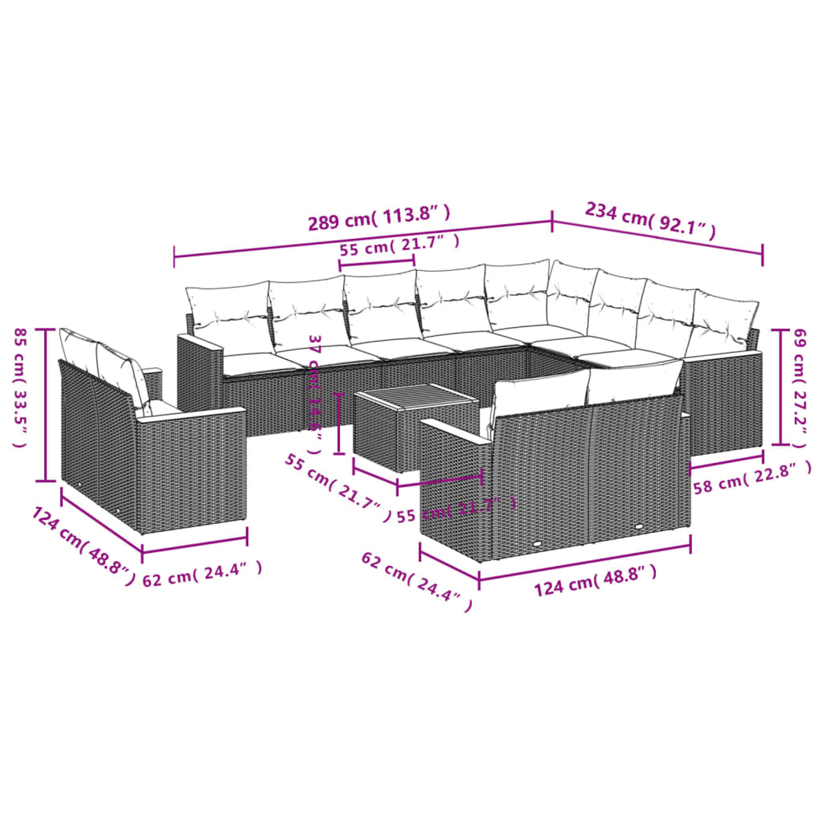 Gartenmöbel-Set mit Maßangaben, darunter ein Ecksofa, ein Sessel und ein Couchtisch; alles in einem Webmuster.