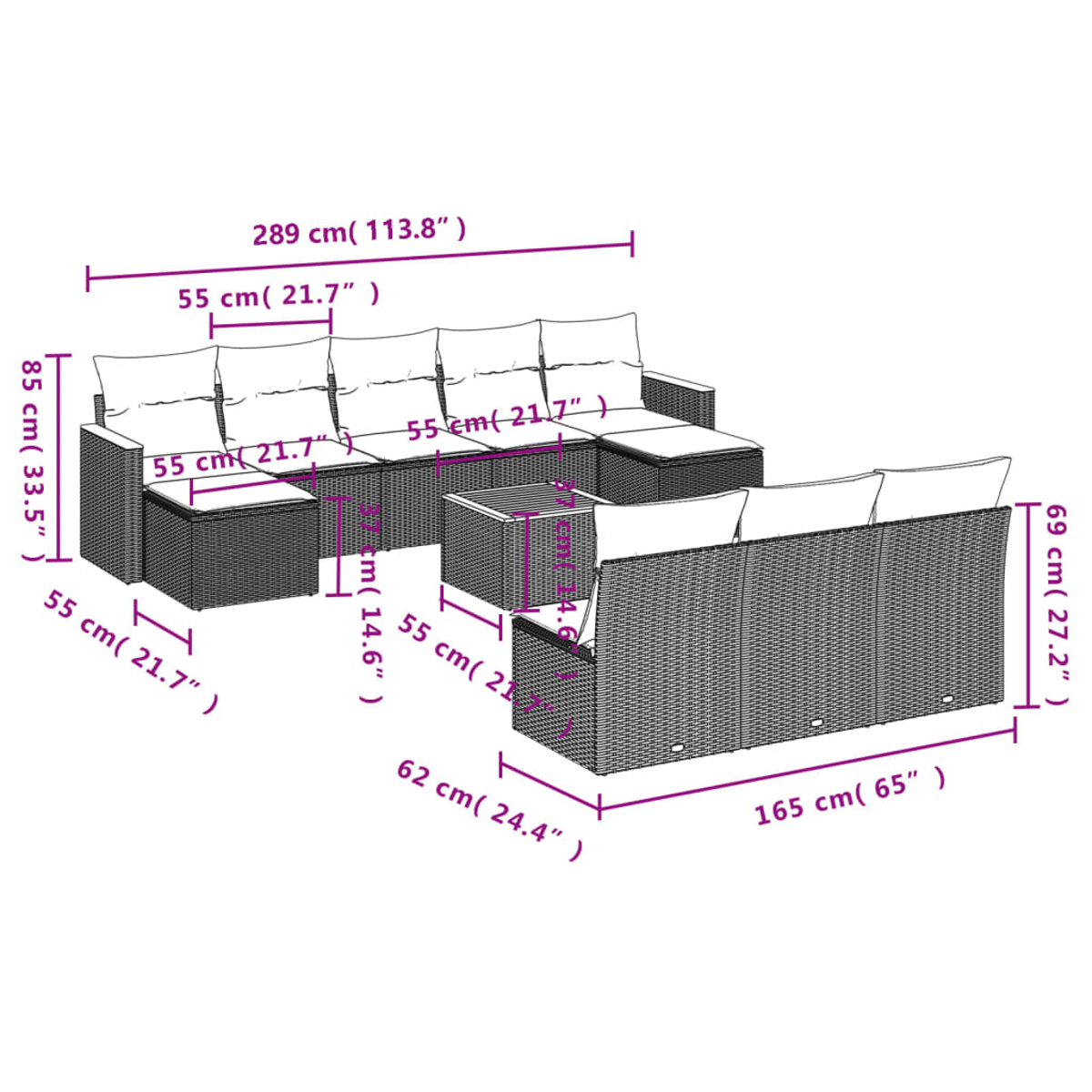 Ein Diagramm zeigt ein Rattan-Gartenmöbel-Set. Es hat ein großes Sofa, zwei Ottomane und einen kleinen Tisch. Maße sind angegeben.