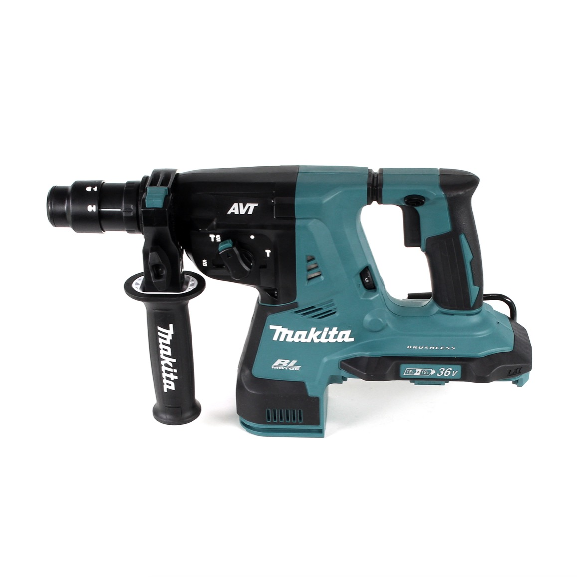 Un trapano a martello Makita verde acqua e nero su sfondo bianco. Presenta il logo Makita e la tecnologia AVT.