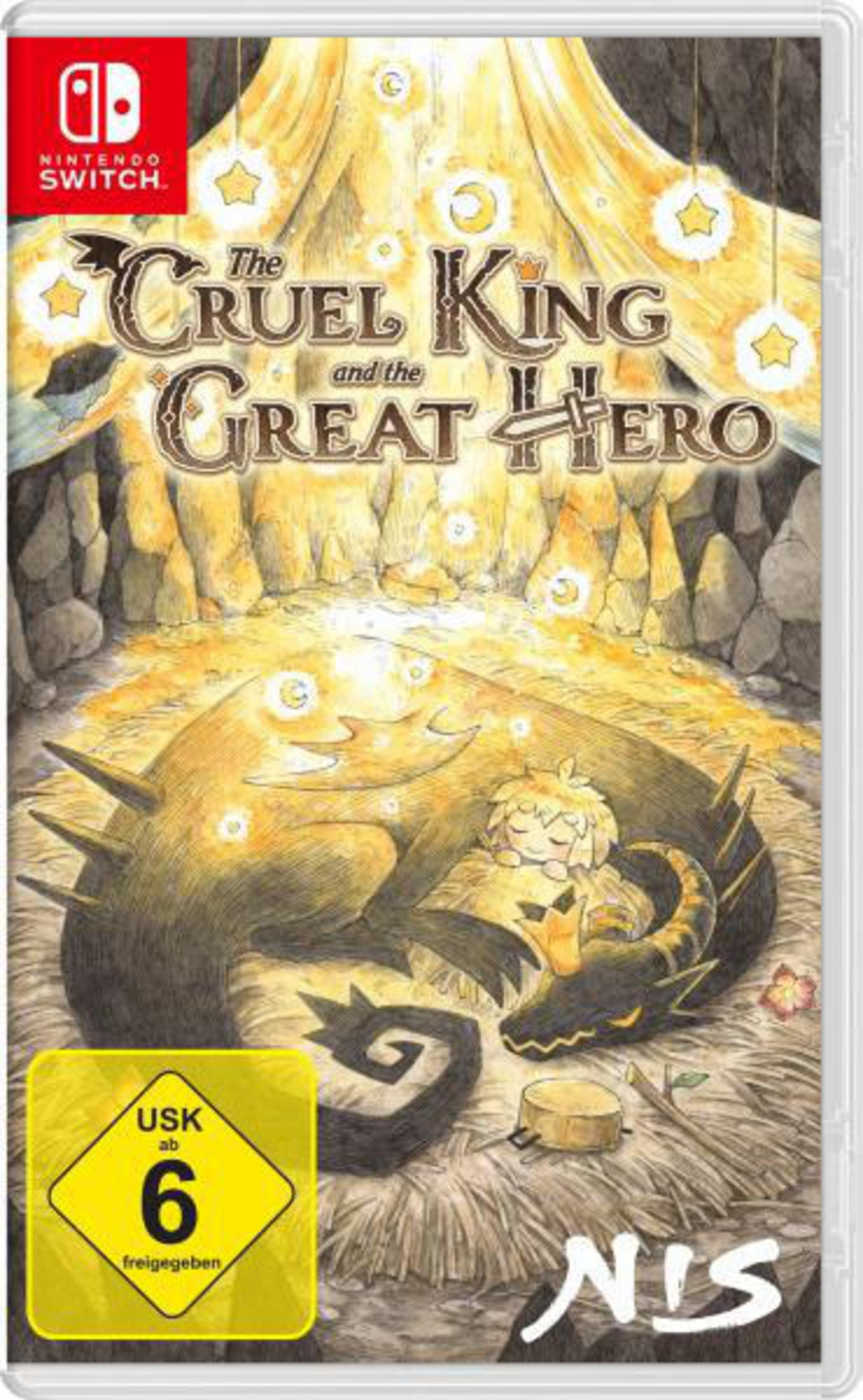 Das Cover eines Nintendo Switch-Spiels, "The Cruel King and the Great Hero." Es zeigt einen Drachen und ein Kind, mit gelber USK 6-Bewertung.
