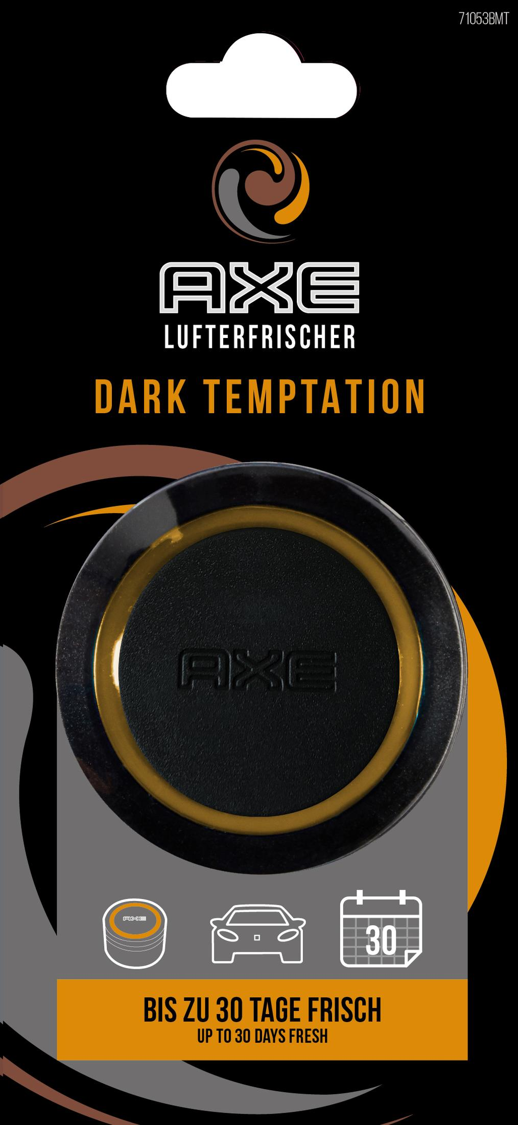 Axe Dark Temptation Lufterfrischer. Schwarzes und oranges Design. Enthält einen runden Lufterfrischer mit Axe-Logo und 30-Tage-Frische-Angabe.